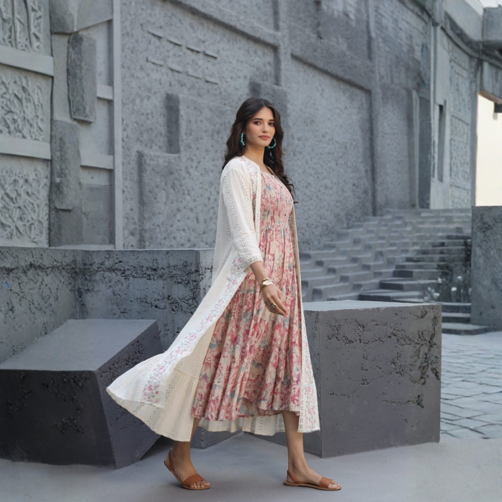 Gorgeous 2-Piece Printed Dress with Schiffli Cape