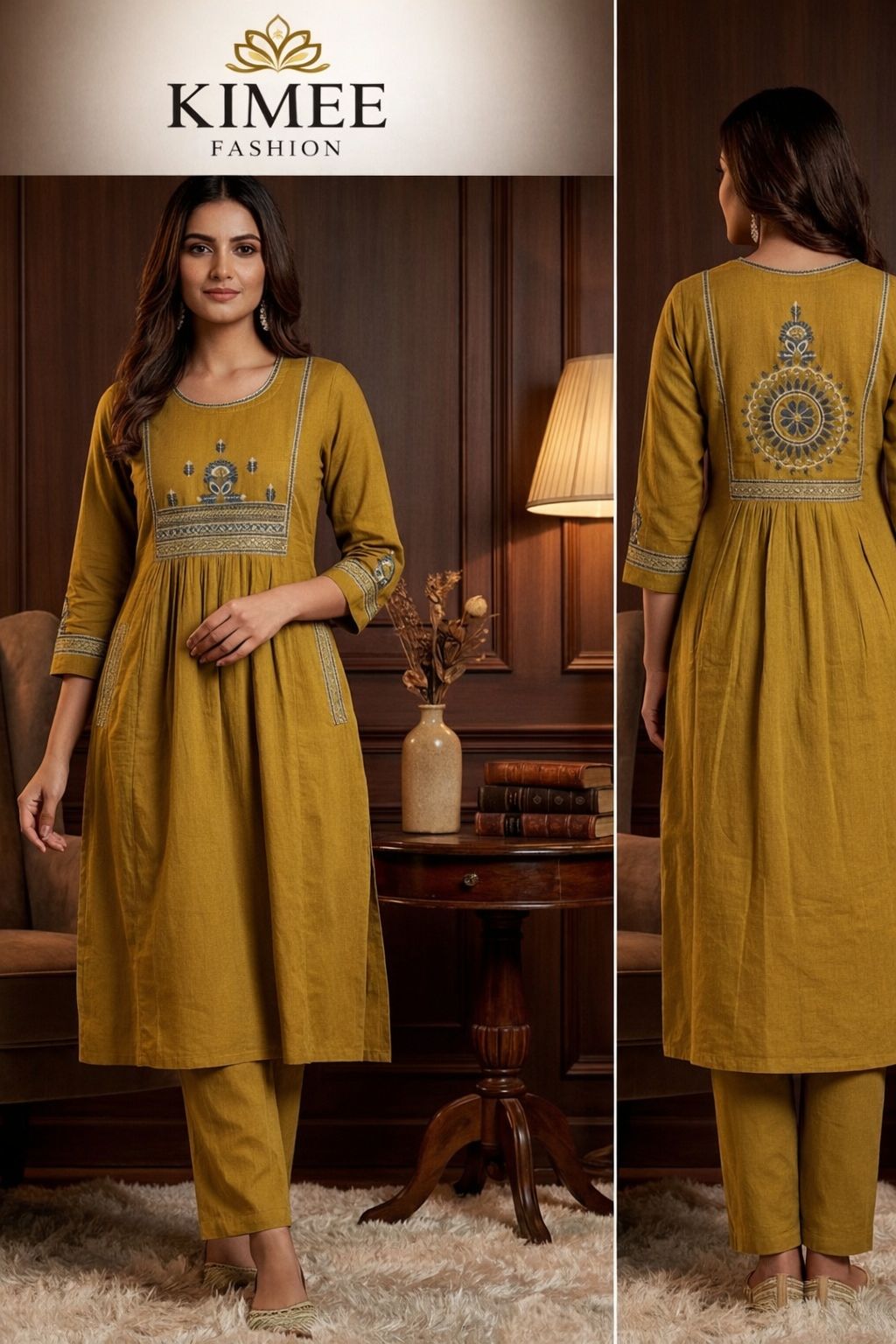 Mustard Embroidered Cotton Kurta Set