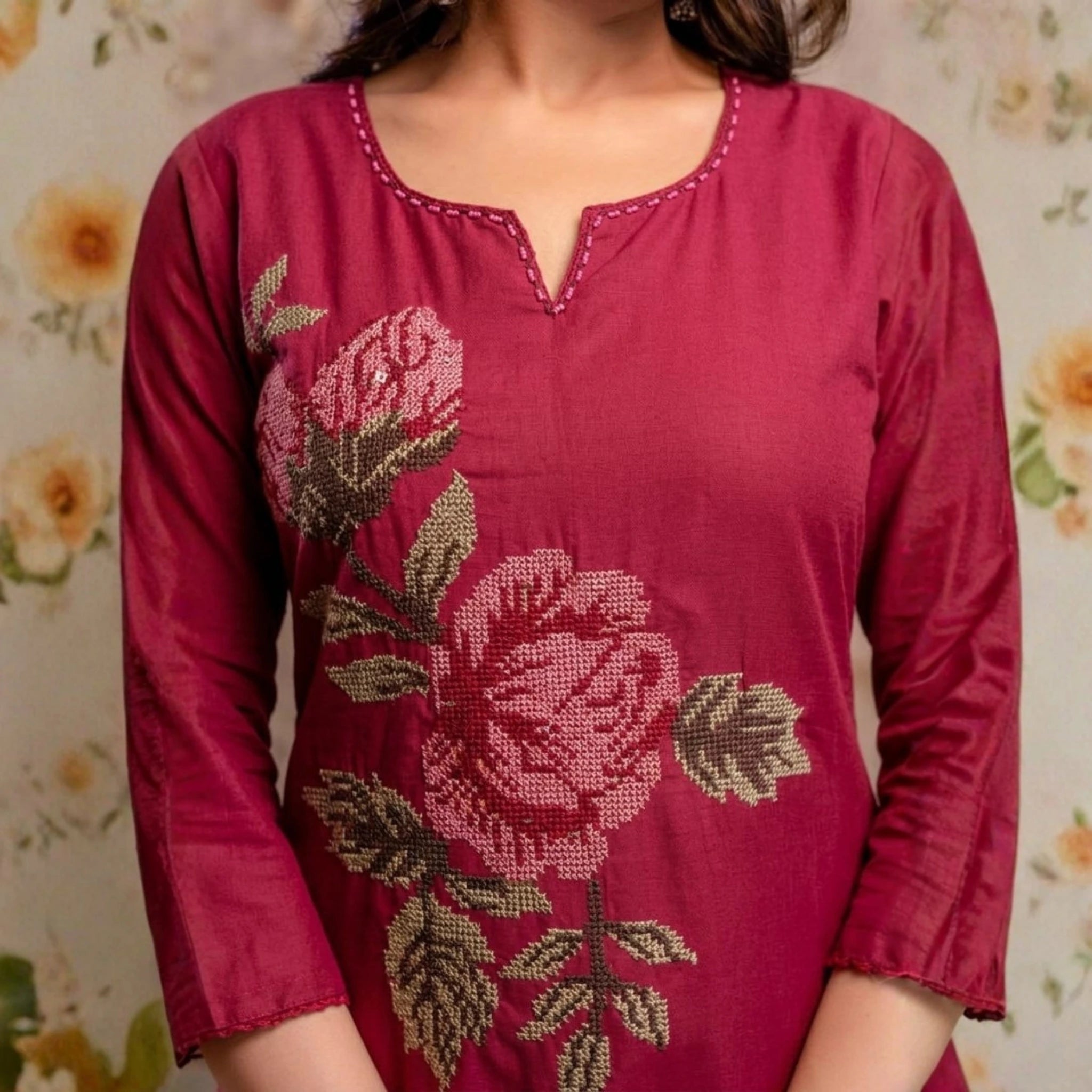 Chic Floral Embroidered Mul Cotton Kurta Set