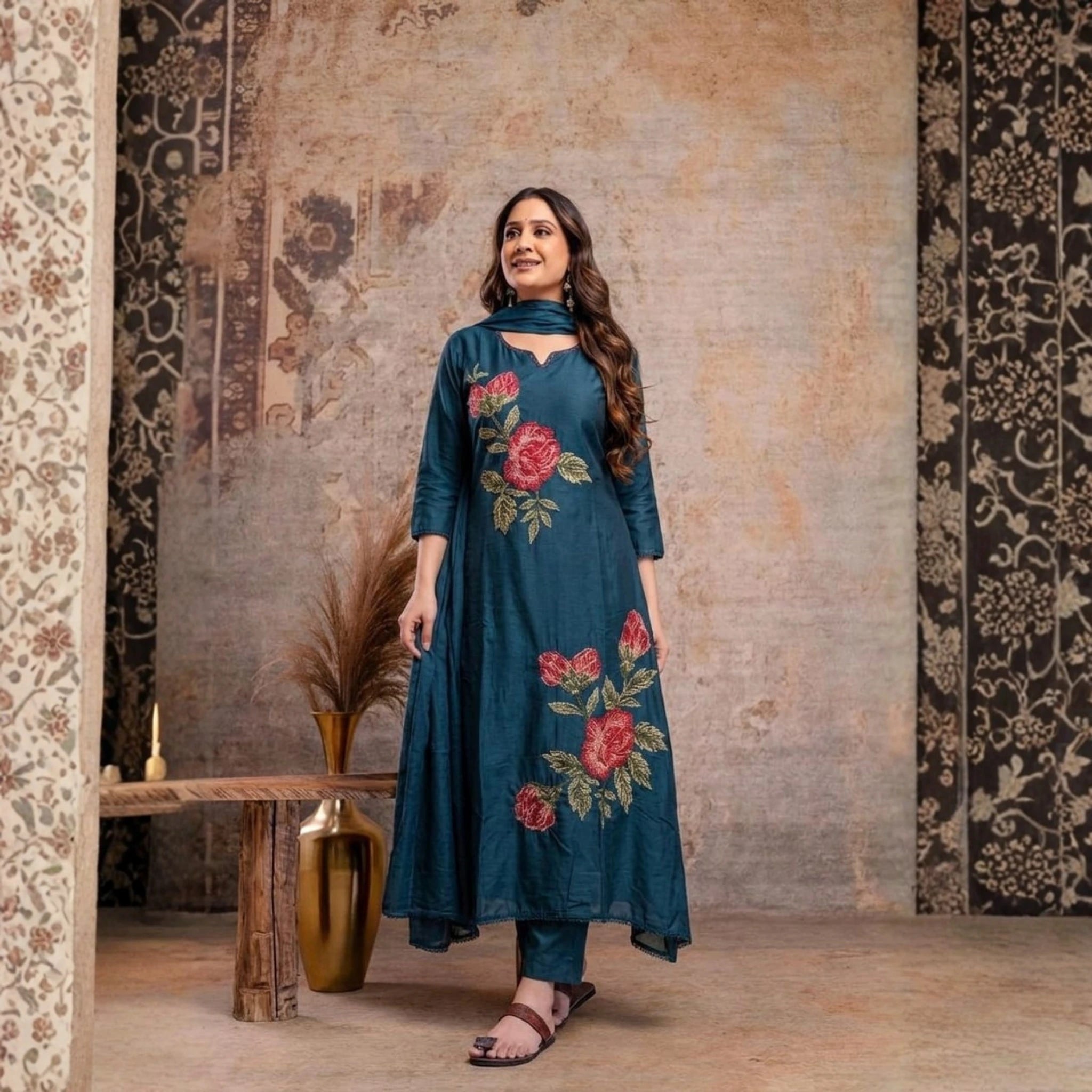 Chic Floral Embroidered Mul Cotton Kurta Set