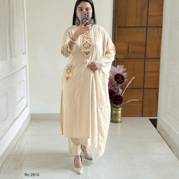 Off White Khadi Embroidered Suit Set with Dupatta