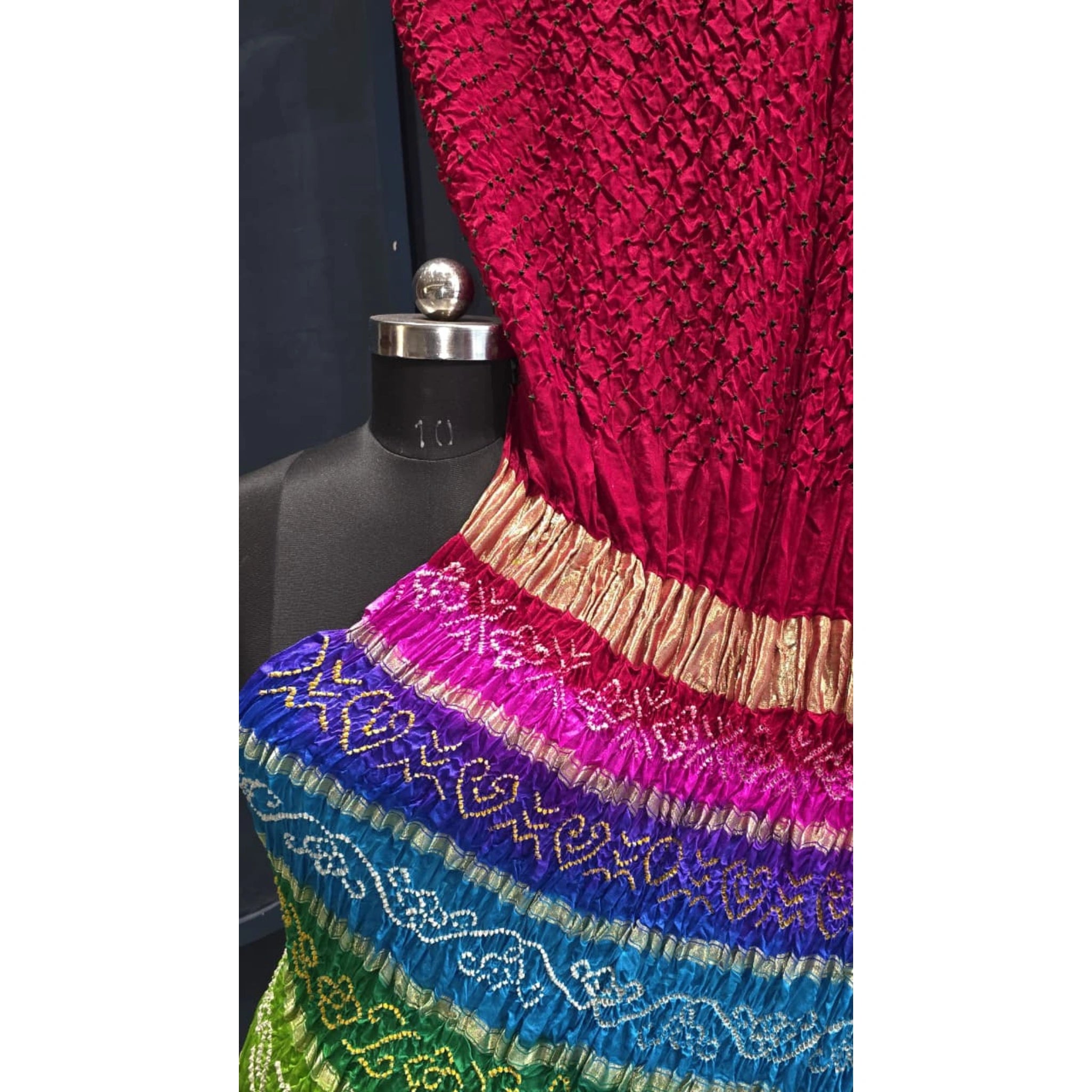 Pure Gaji Silk Bandhej Saree with 10 Patta Multicolor Pallu