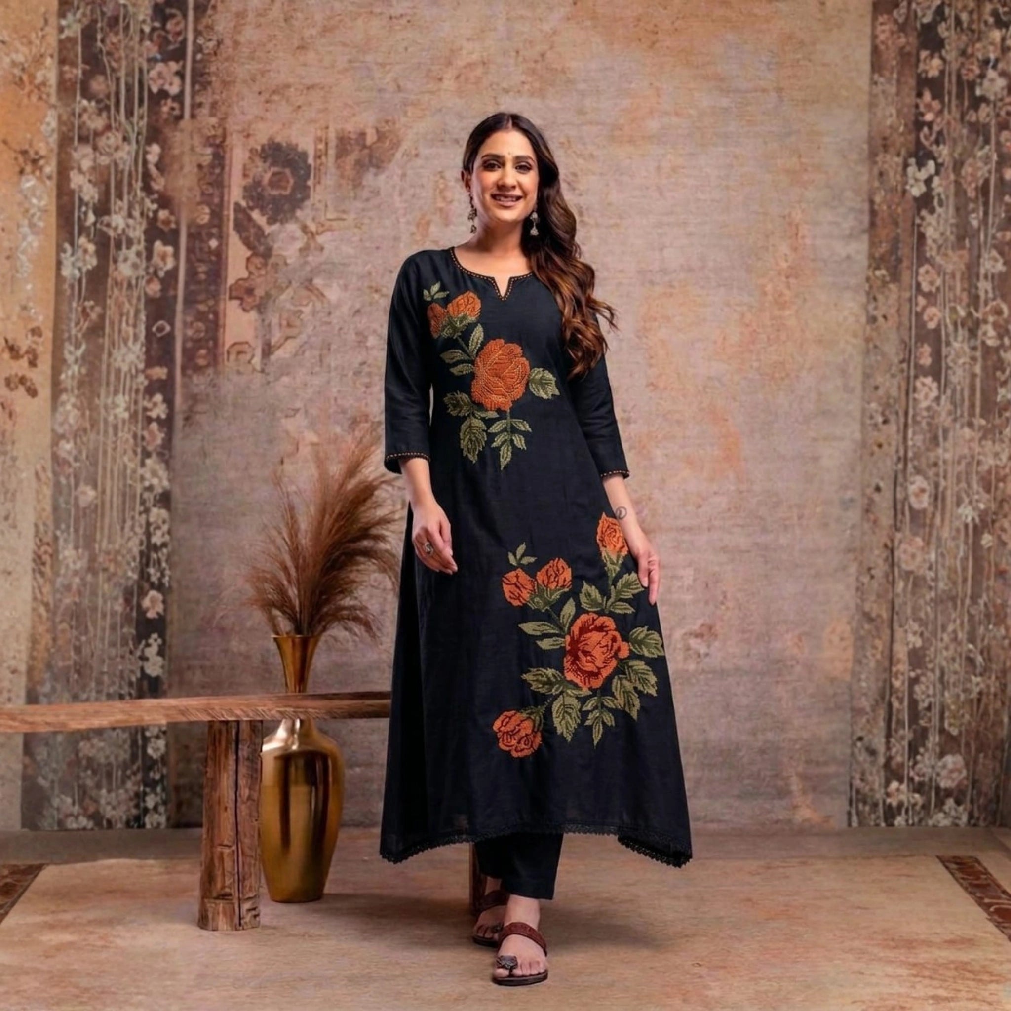 Chic Floral Embroidered Mul Cotton Kurta Set