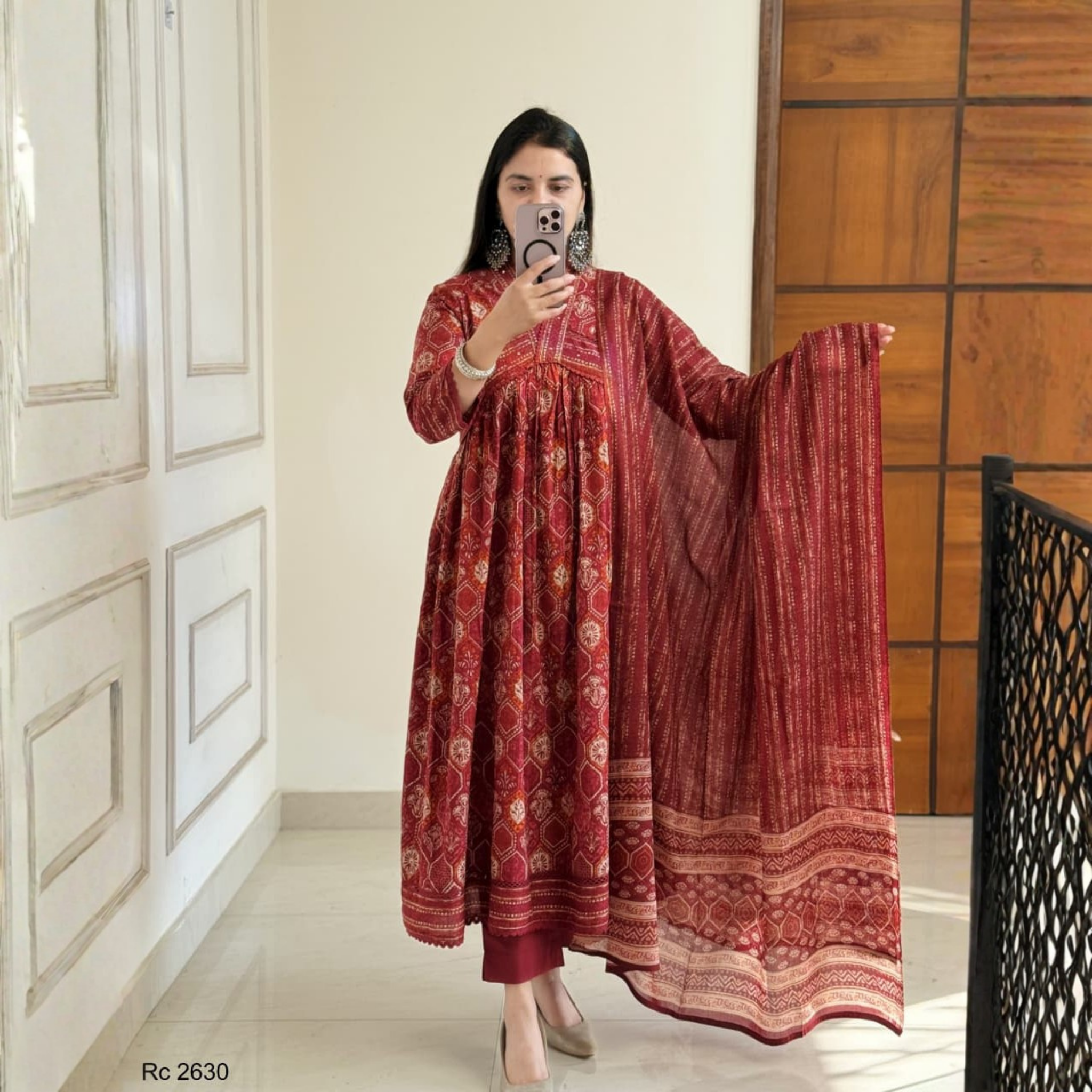 Maroon Printed Anarkali Kurta Dupatta Set