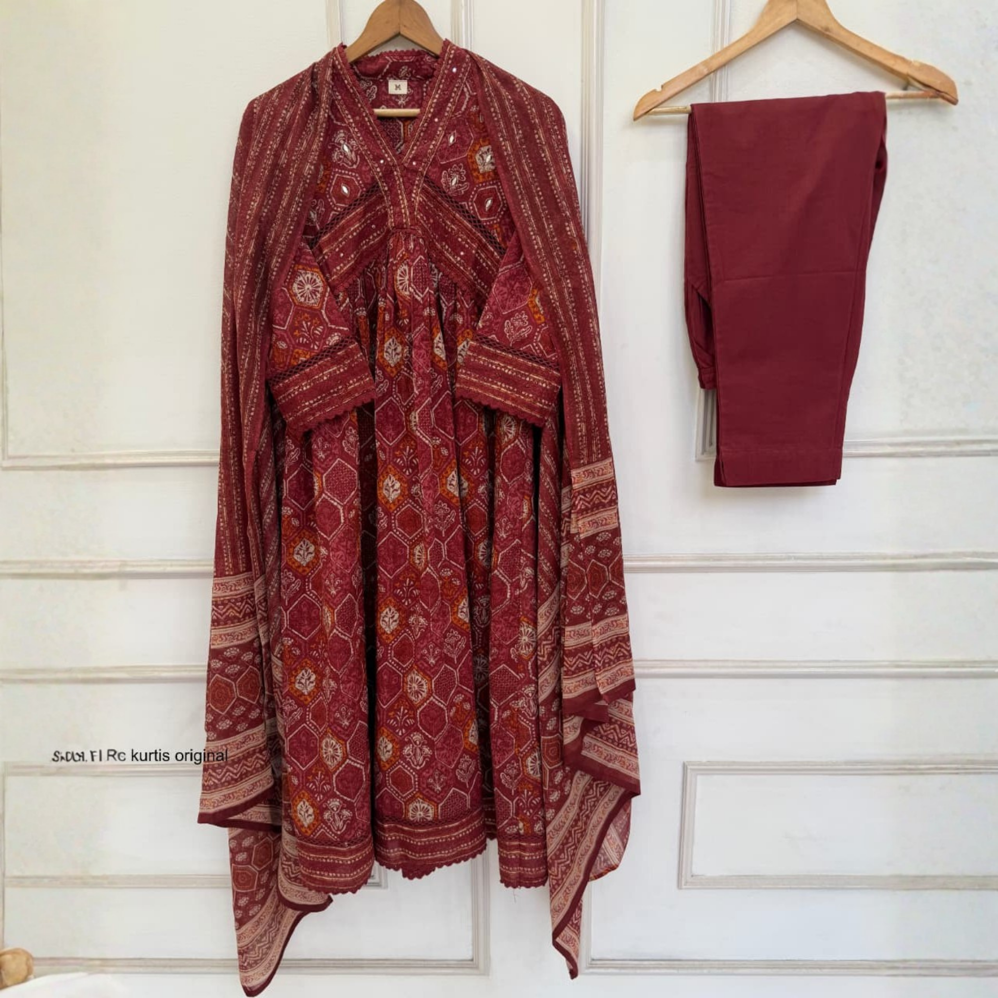 Maroon Printed Anarkali Kurta Dupatta Set