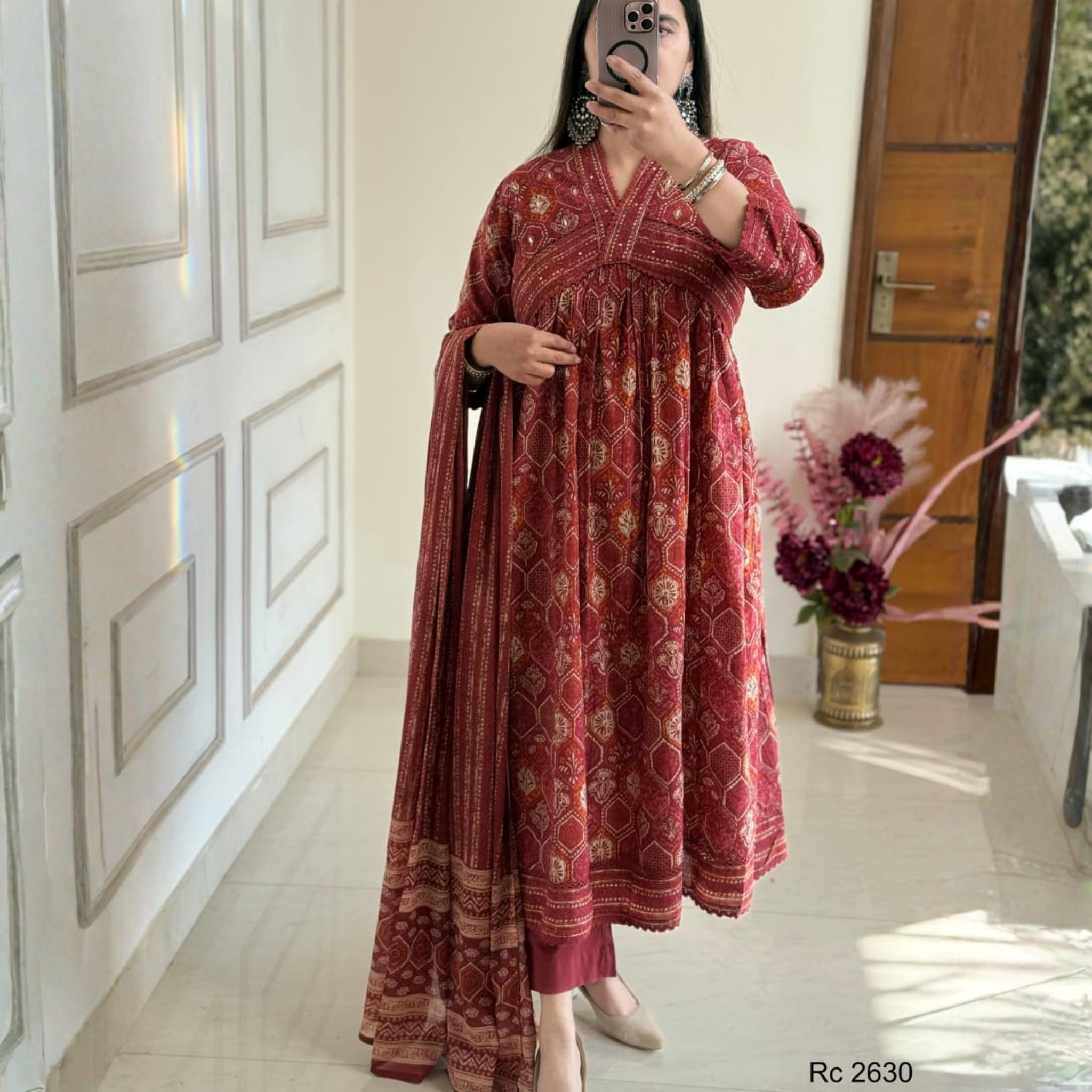 Maroon Printed Anarkali Kurta Dupatta Set