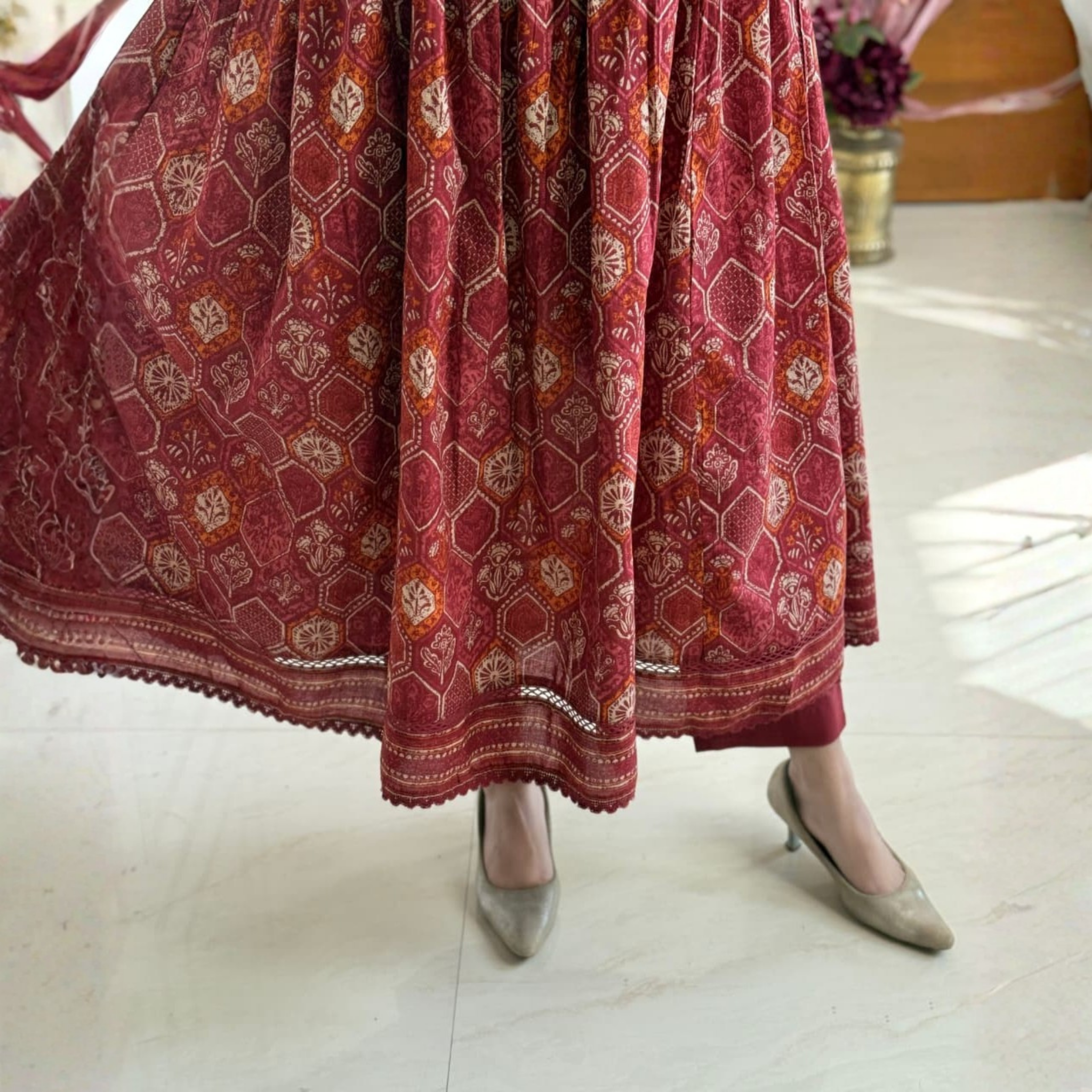 Maroon Printed Anarkali Kurta Dupatta Set