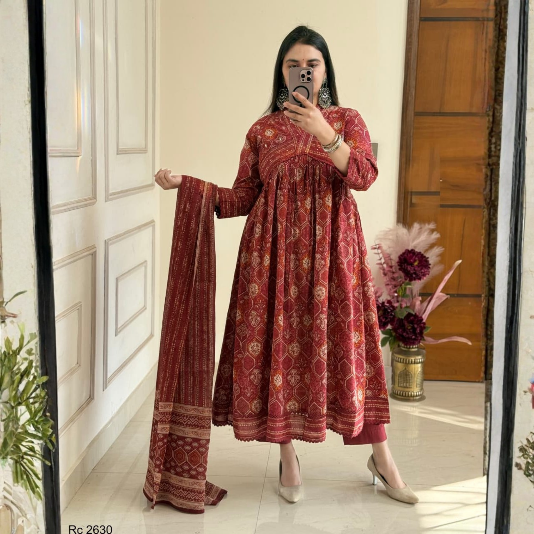 Maroon Printed Anarkali Kurta Dupatta Set
