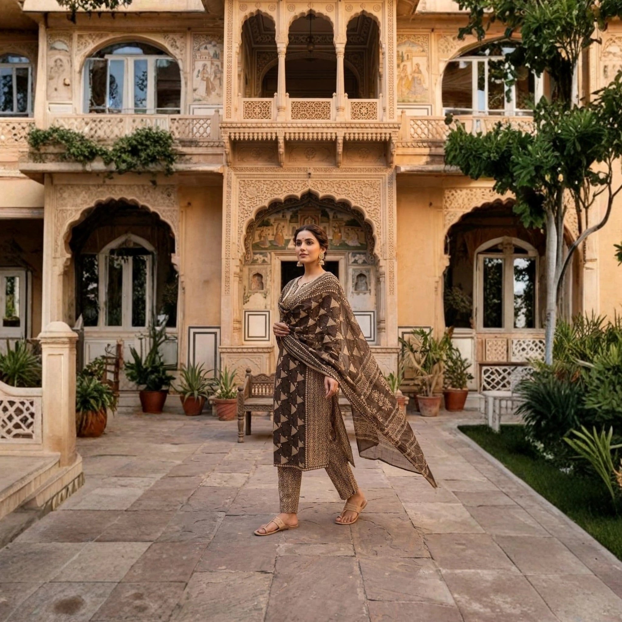 Royal Geometric Printed Kurti Pant & Dupatta Set