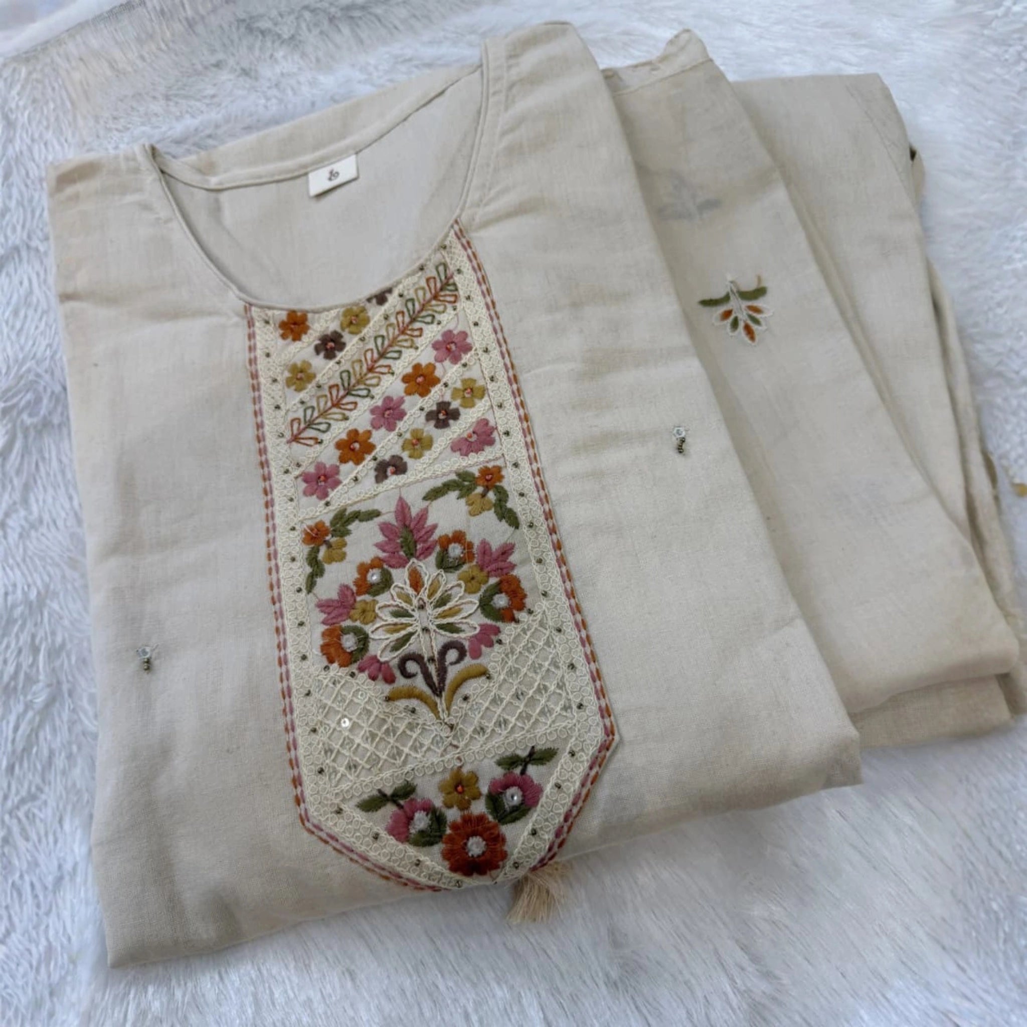 Off White Khadi Embroidered Suit Set with Dupatta