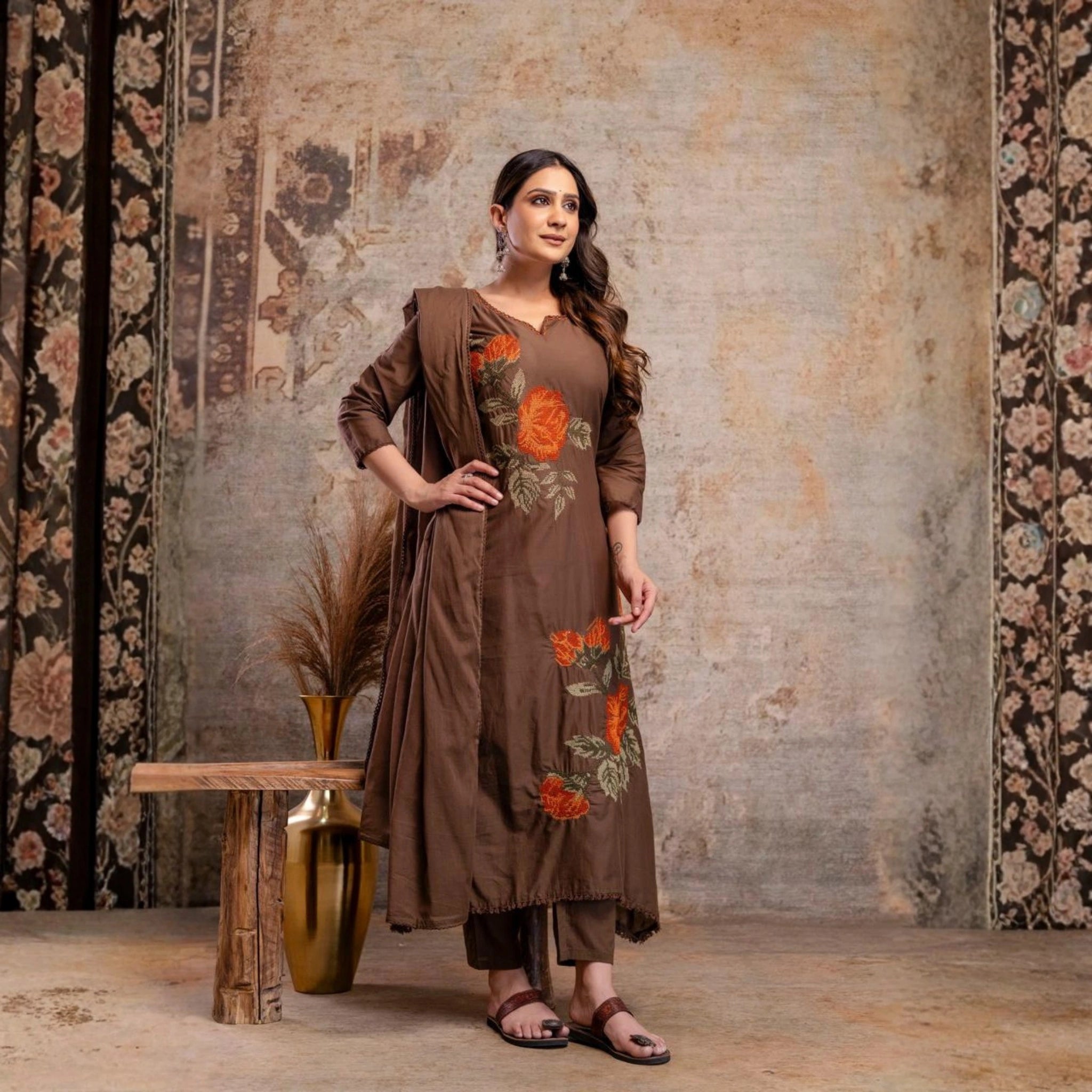 Chic Floral Embroidered Mul Cotton Kurta Set