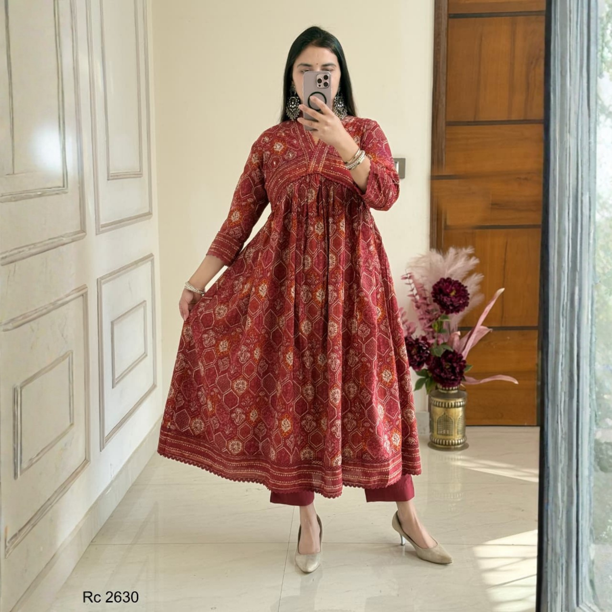 Maroon Printed Anarkali Kurta Dupatta Set