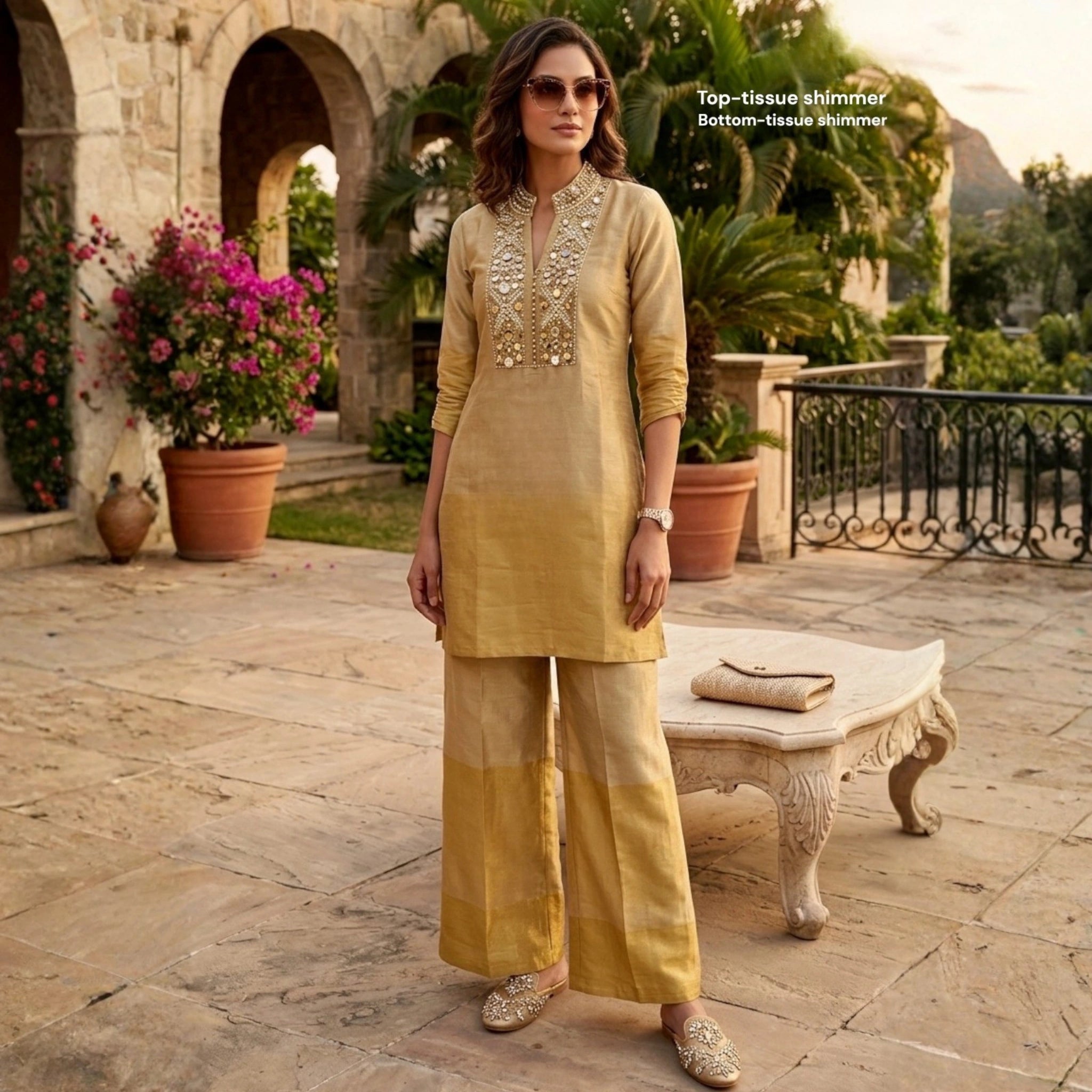 Golden Tissue Shimmer Silk Palazzo Set
