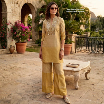 Golden Tissue Shimmer Silk Palazzo Set