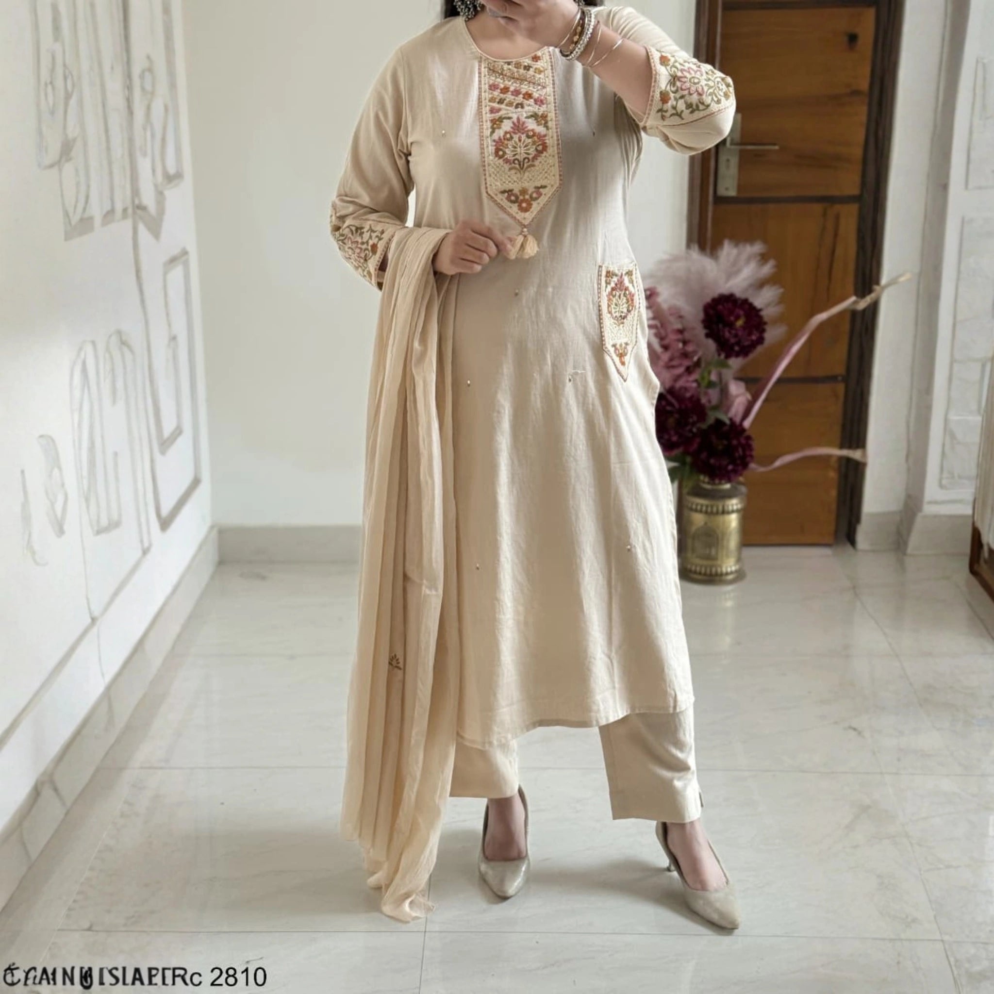 Off White Khadi Embroidered Suit Set with Dupatta
