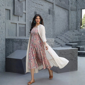 Gorgeous 2-Piece Printed Dress with Schiffli Cape