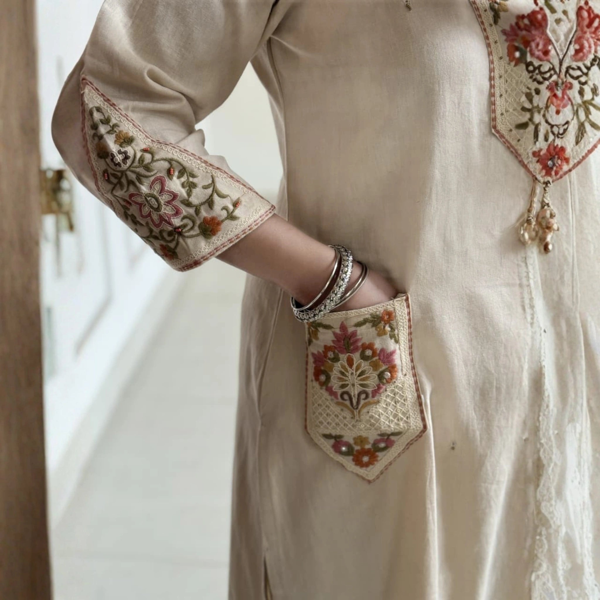 Off White Khadi Embroidered Suit Set with Dupatta