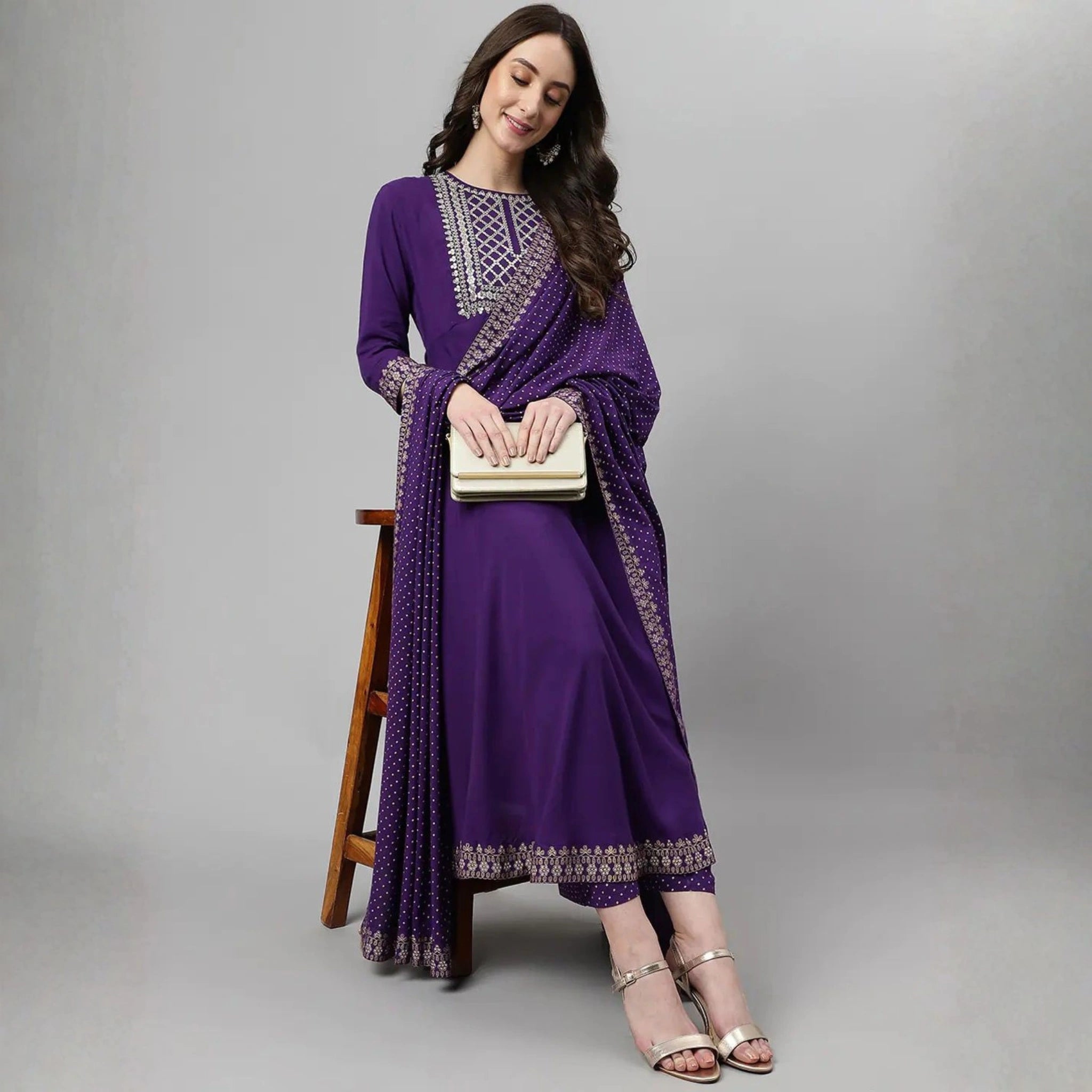 Royal Purple Embroidered Anarkali Suit Set