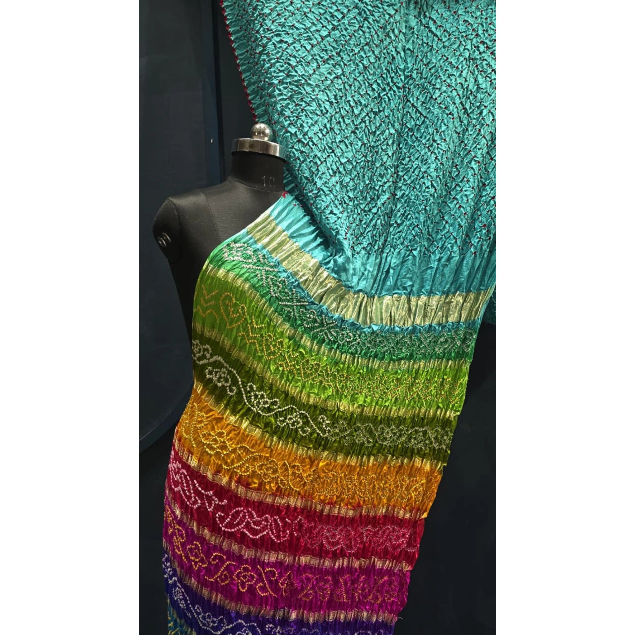 Pure Gaji Silk Bandhej Saree with 10 Patta Multicolor Pallu