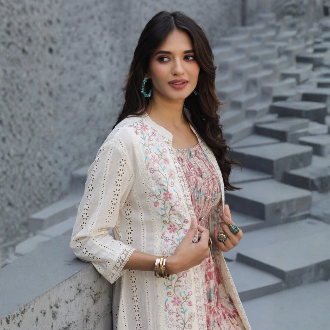 Gorgeous 2-Piece Printed Dress with Schiffli Cape