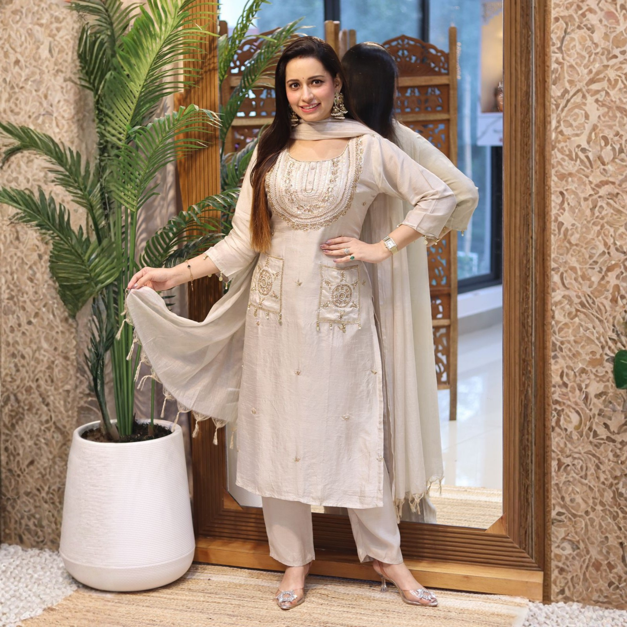 Pure Dola Silk Heavy Hand Work Kurti Set with Fancy Dupatta and Pant