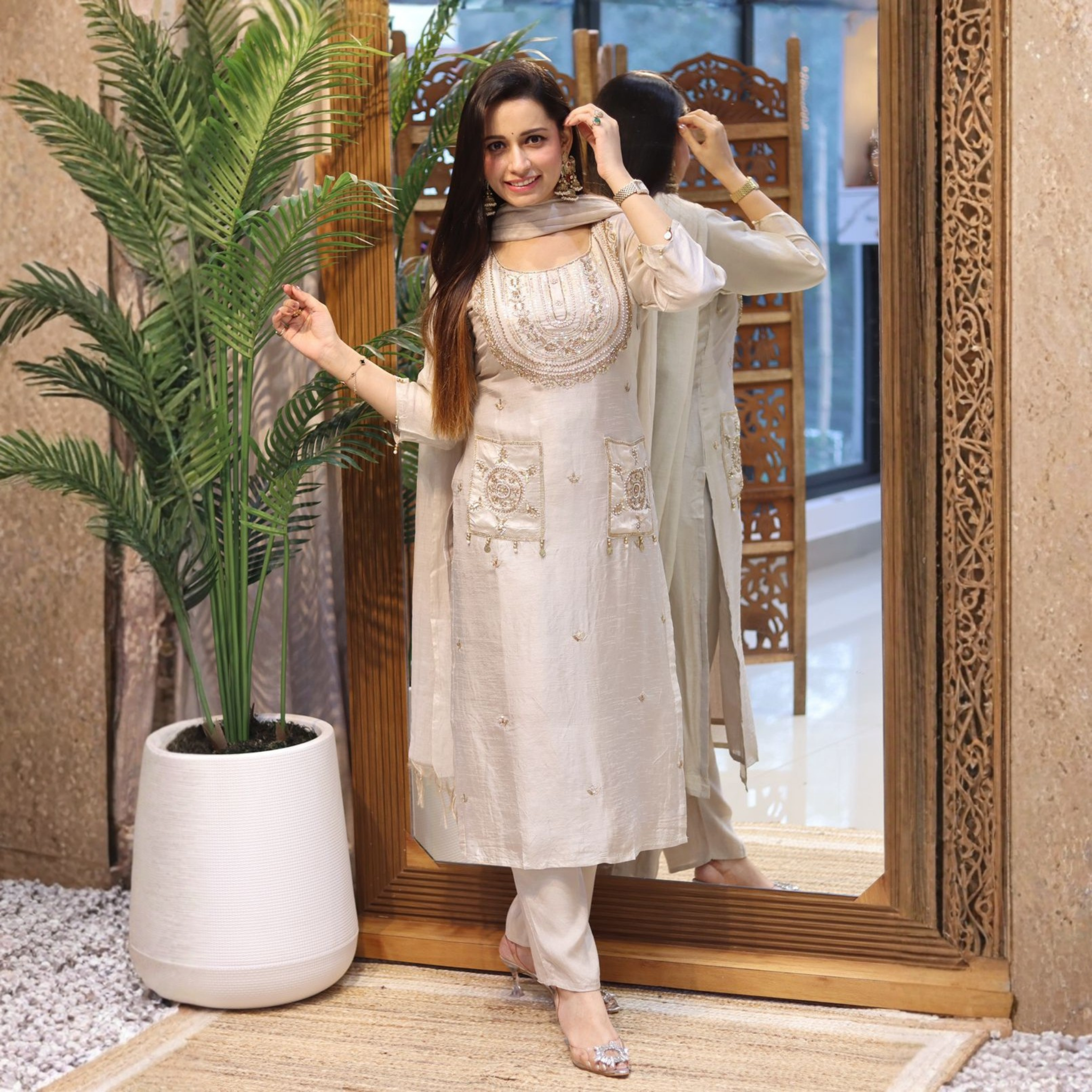 Pure Dola Silk Heavy Hand Work Kurti Set with Fancy Dupatta and Pant