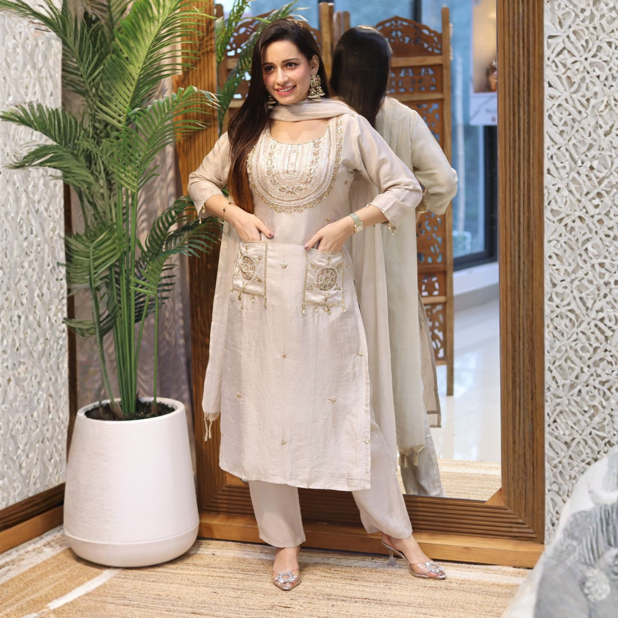 Pure Dola Silk Heavy Hand Work Kurti Set with Fancy Dupatta and Pant