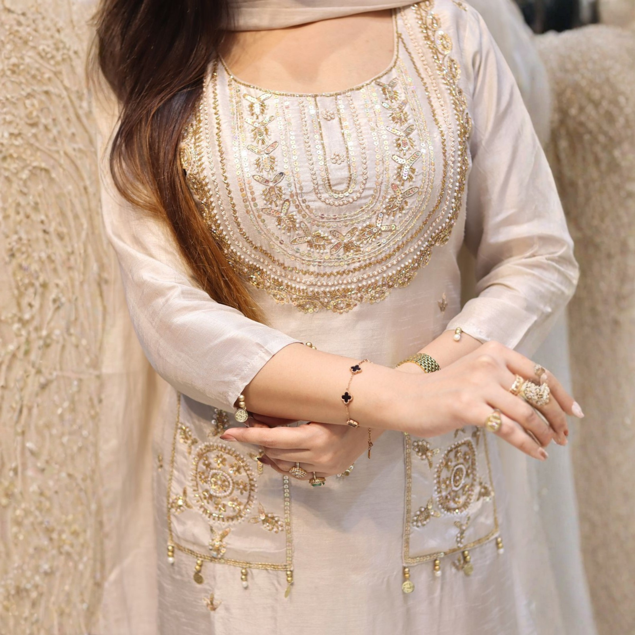 Pure Dola Silk Heavy Hand Work Kurti Set with Fancy Dupatta and Pant