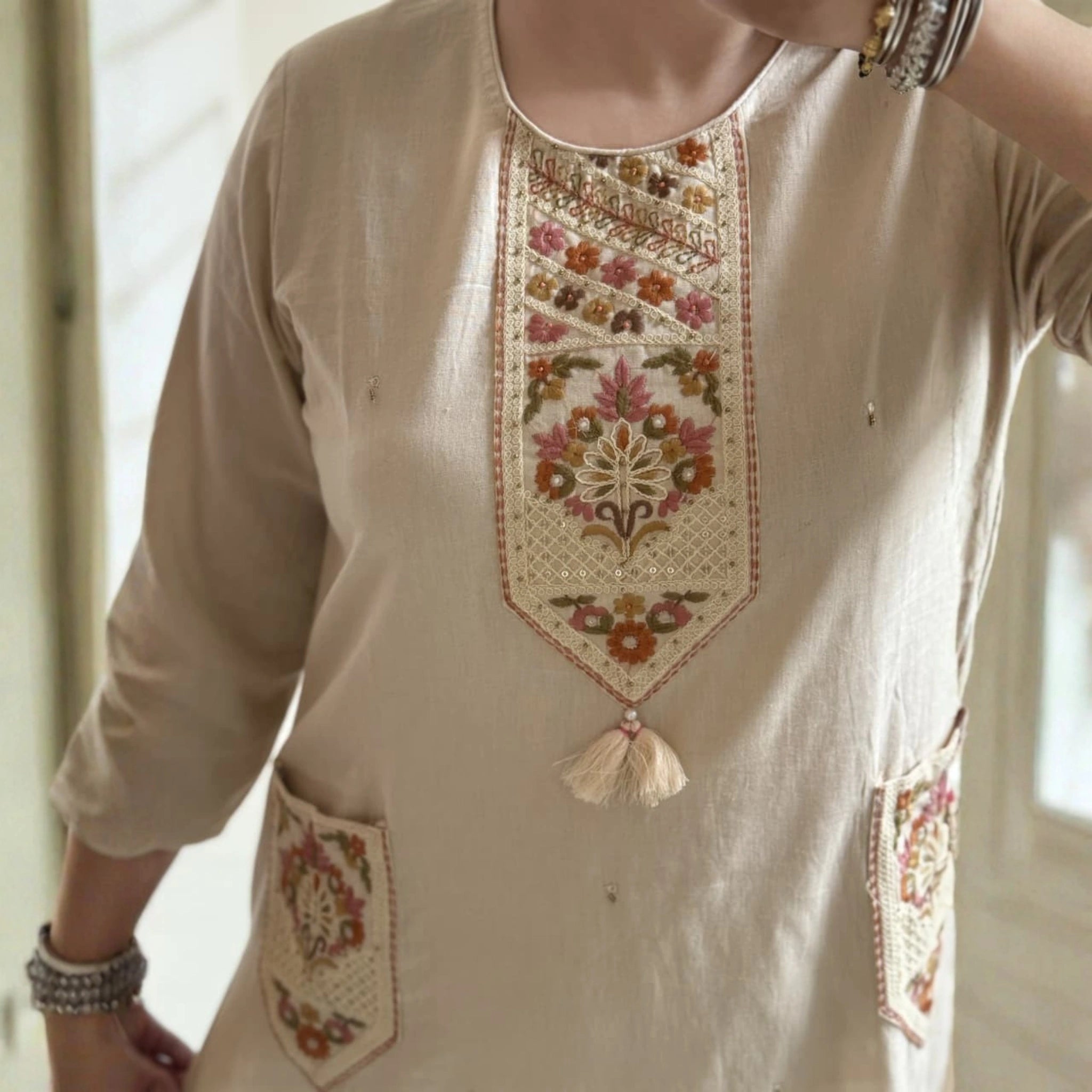 Off White Khadi Embroidered Suit Set with Dupatta