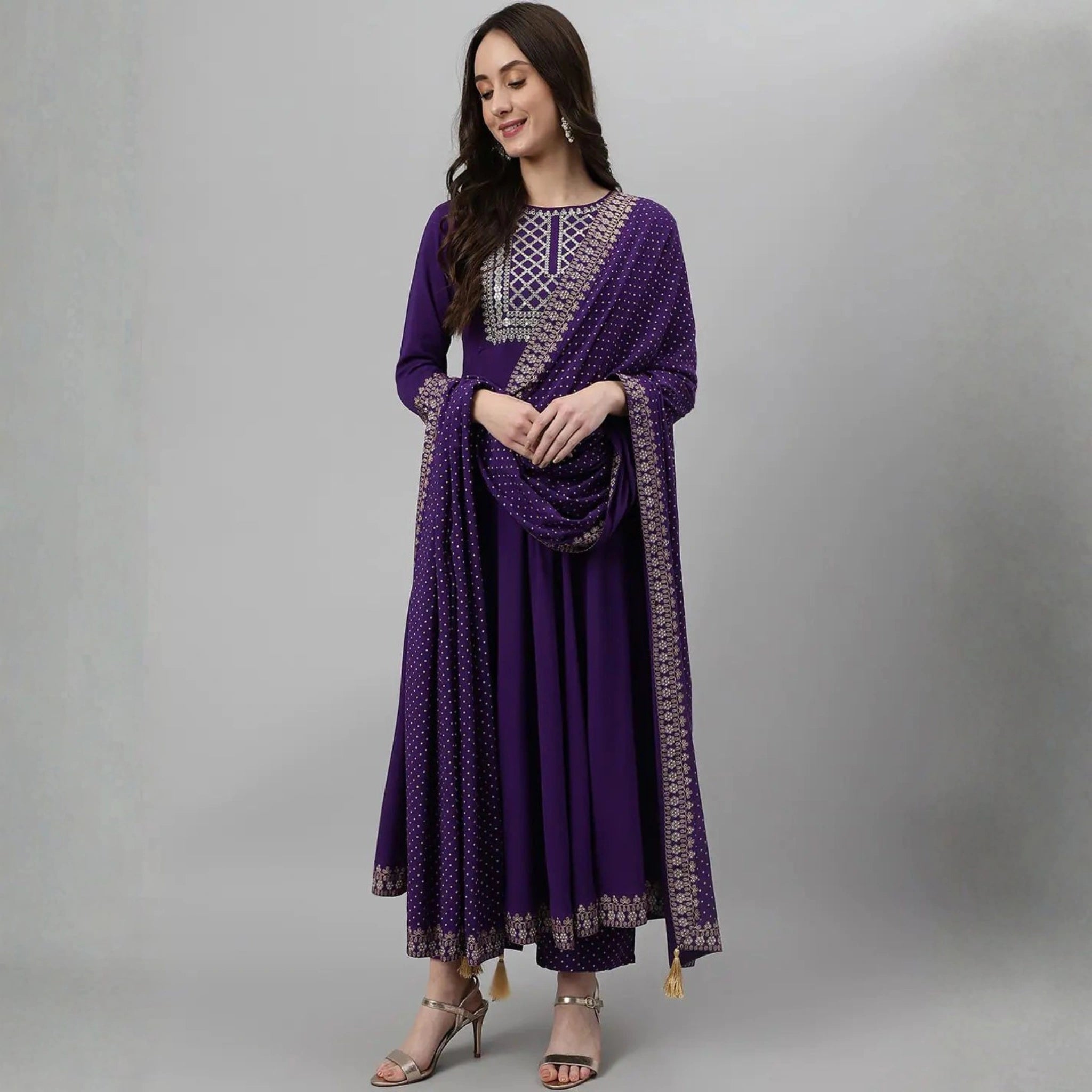 Royal Purple Embroidered Anarkali Suit Set