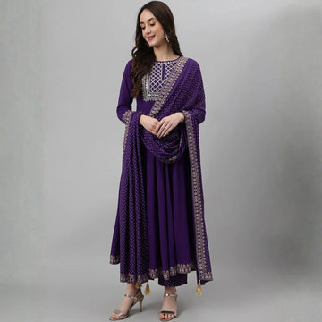 Royal Purple Embroidered Anarkali Suit Set