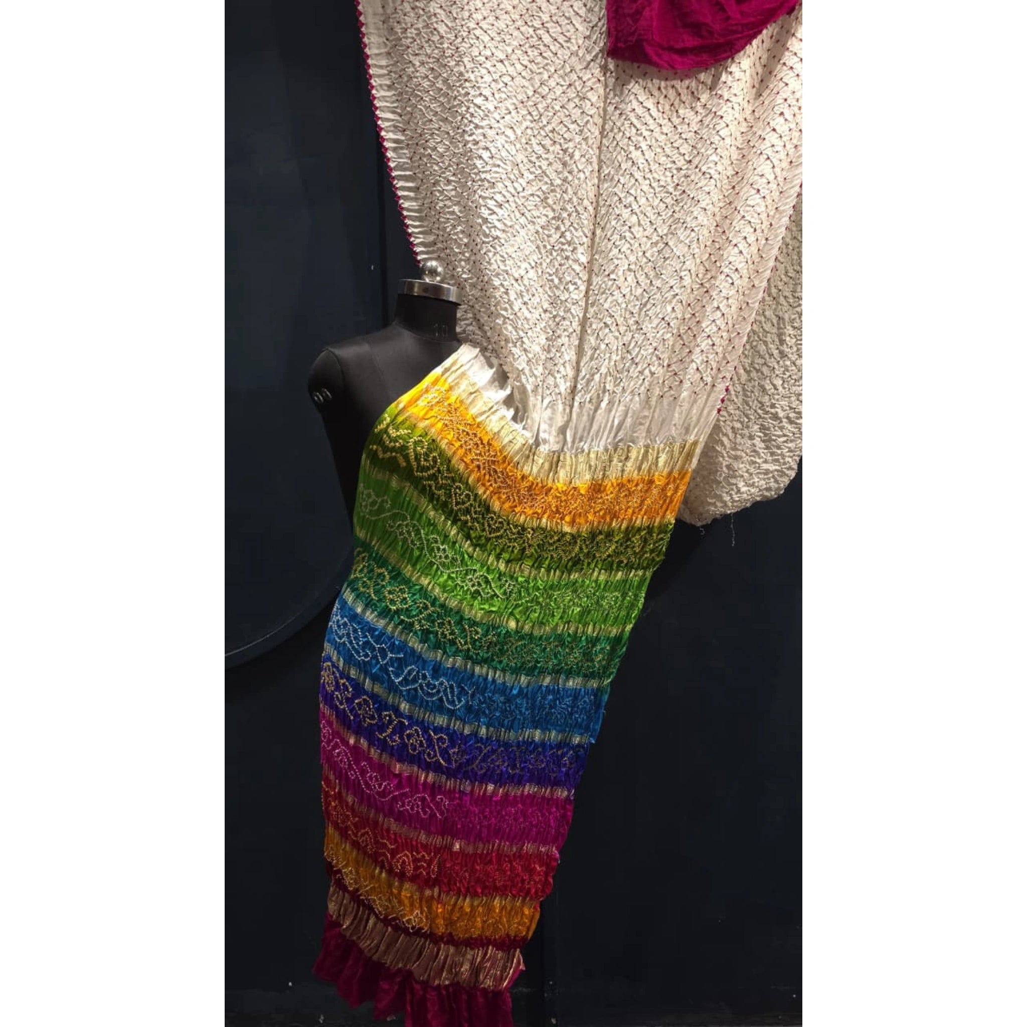 Pure Gaji Silk Bandhej Saree with 10 Patta Multicolor Pallu