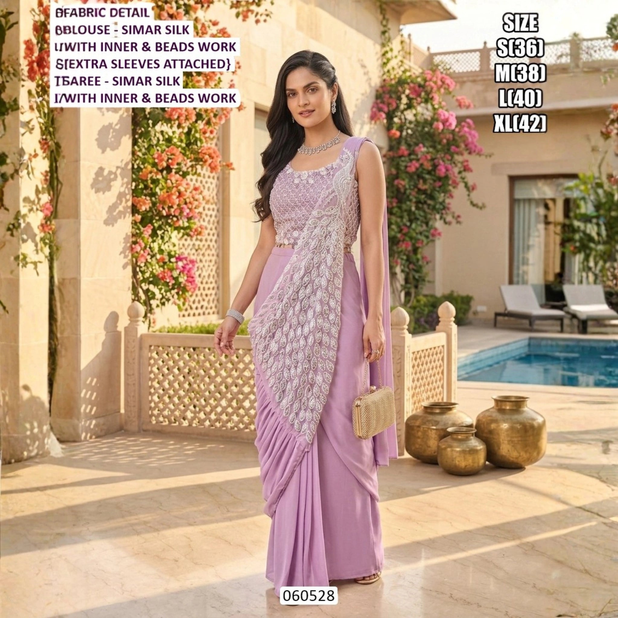 Designer Lavender Simar Silk Beads Work Saree