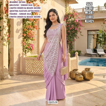 Designer Lavender Simar Silk Beads Work Saree