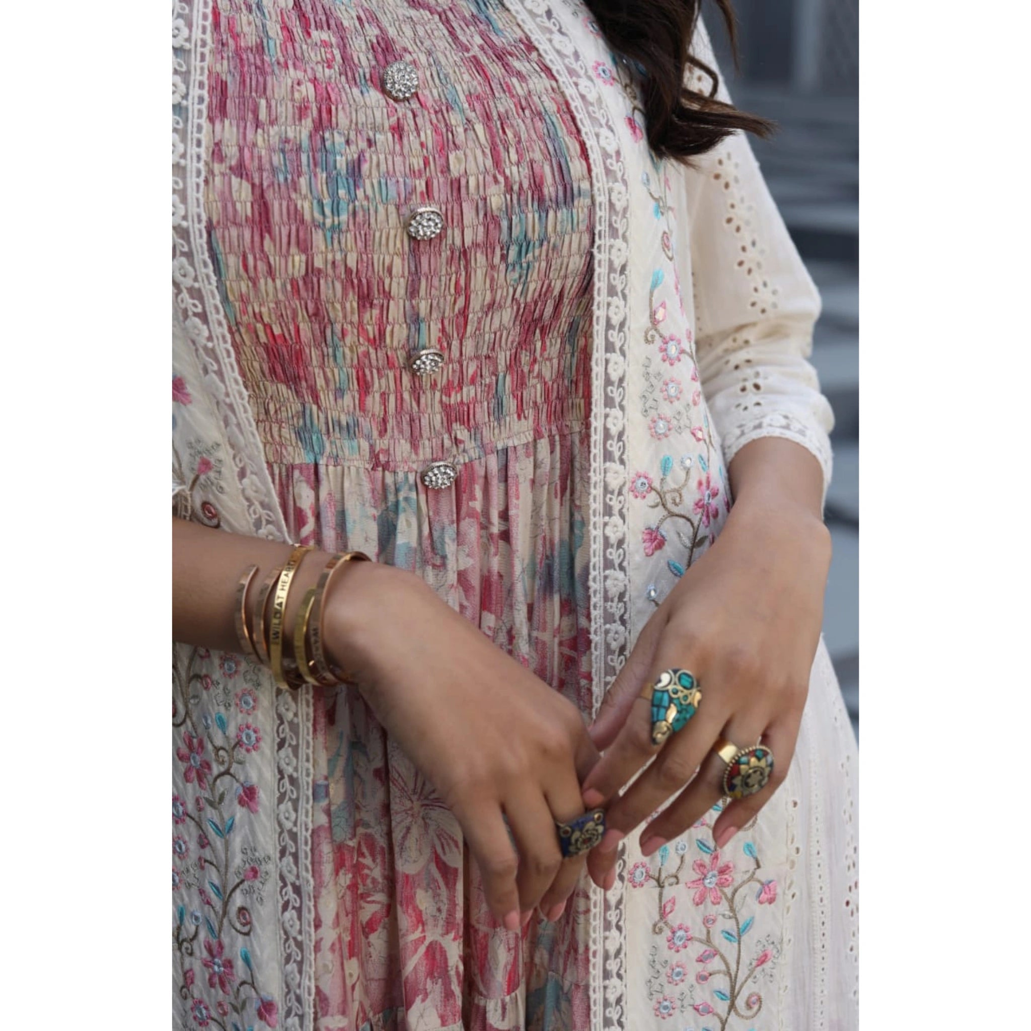 Gorgeous 2-Piece Printed Dress with Schiffli Cape