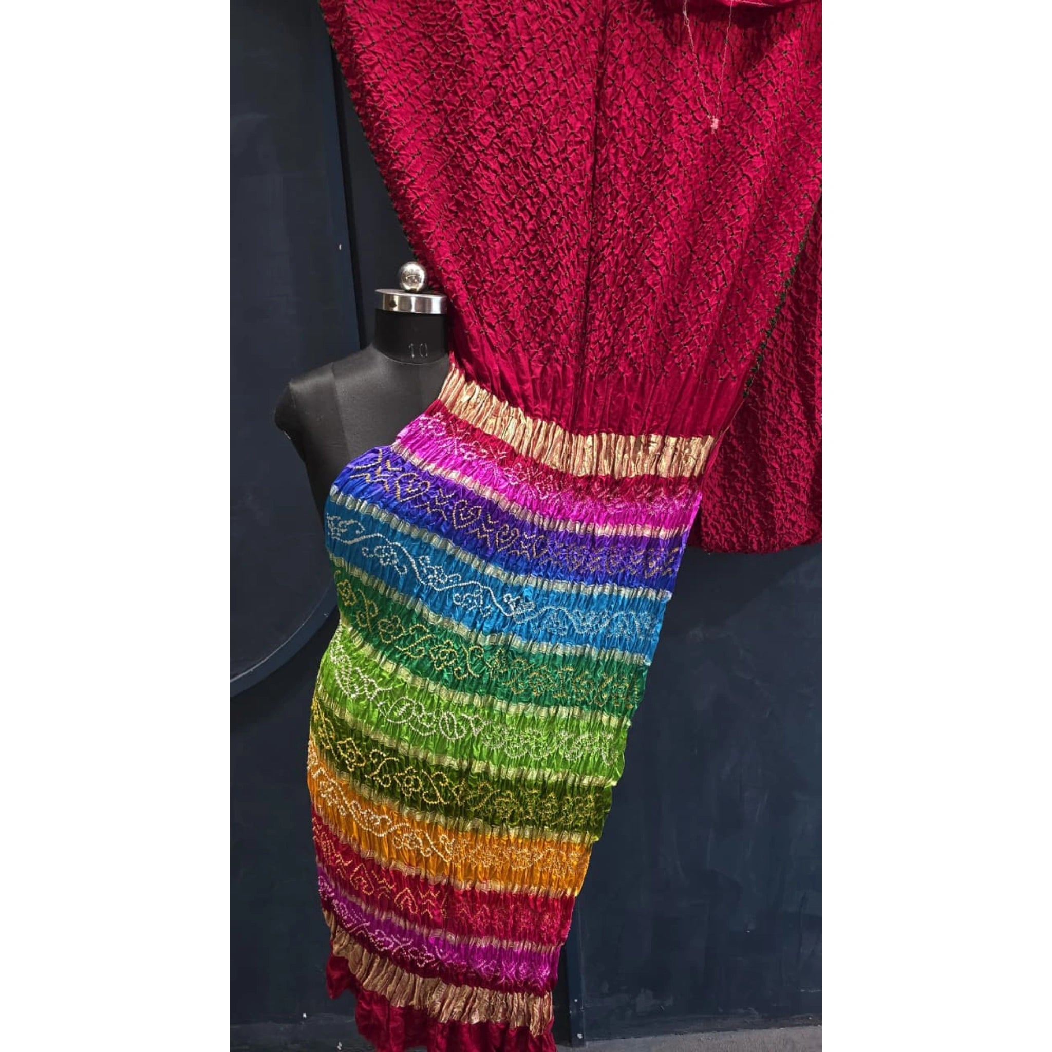 Pure Gaji Silk Bandhej Saree with 10 Patta Multicolor Pallu