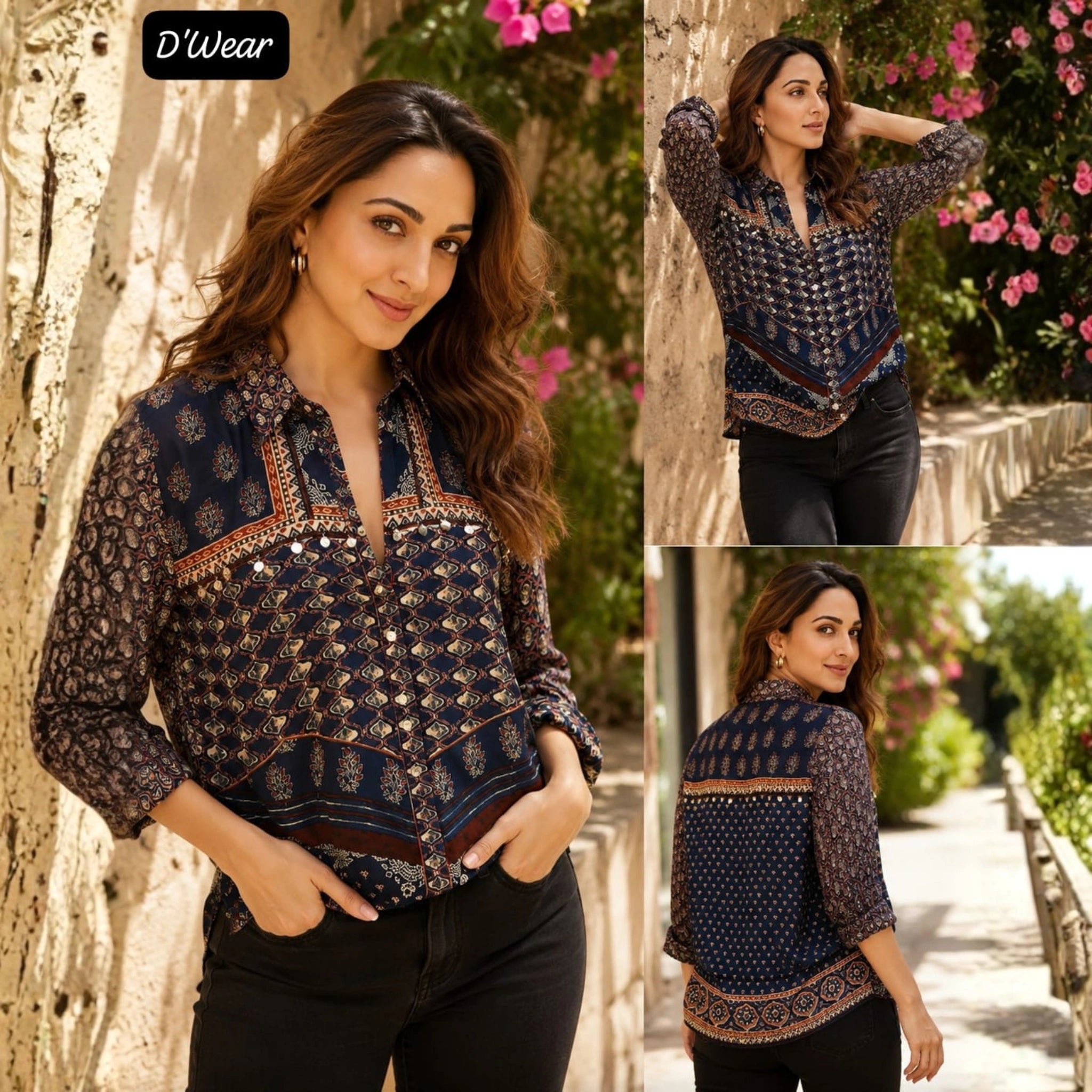 Navy Blue Premium Crepe Printed Shirt