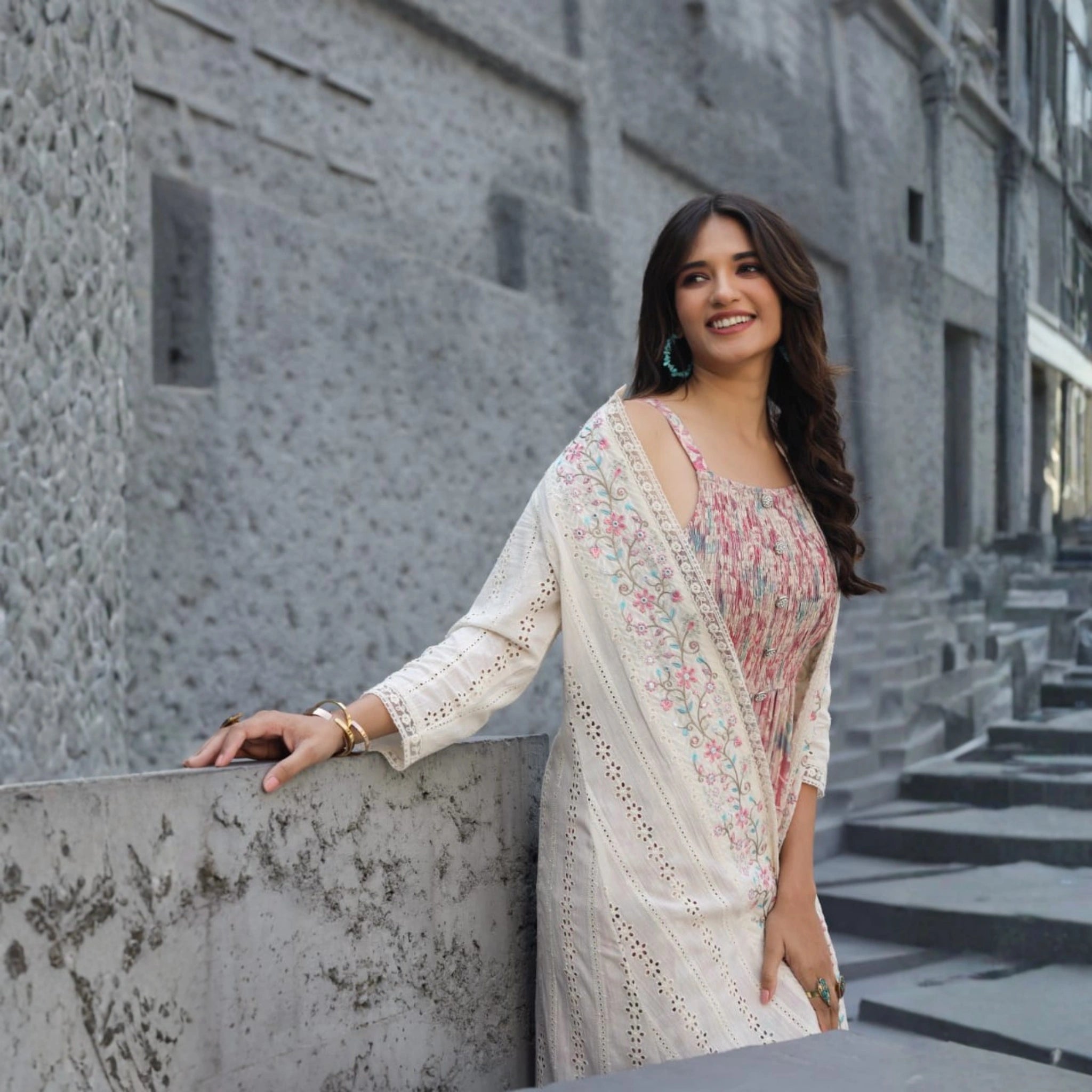 Gorgeous 2-Piece Printed Dress with Schiffli Cape