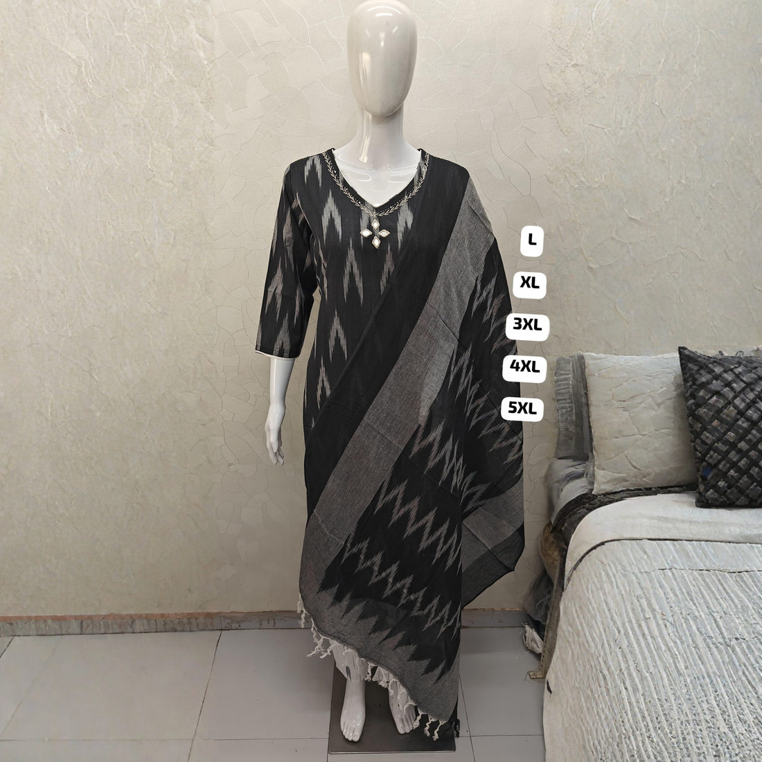 Elegant Ikat Print Kurti Pant Set with Dupatta