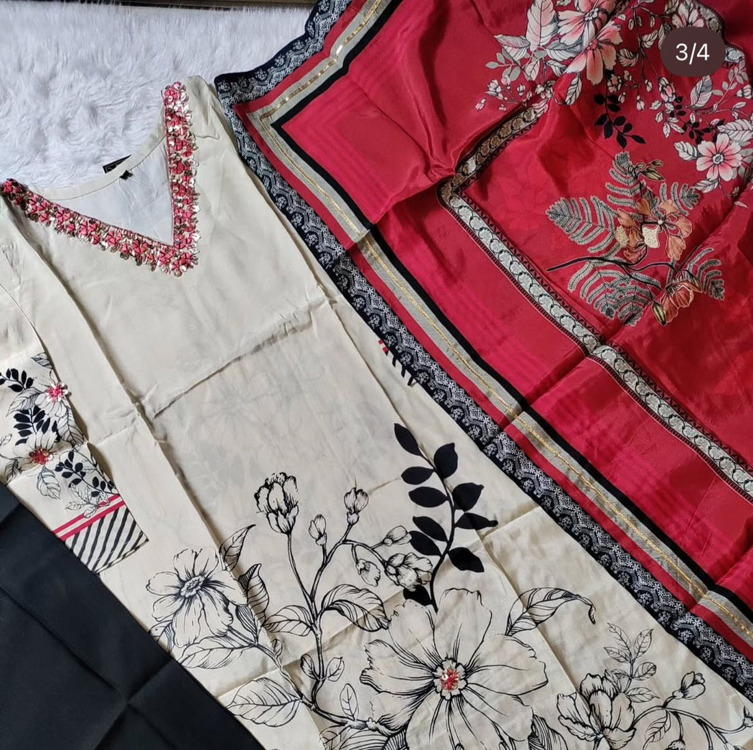 Elegant Cream Floral Silk Kurta Set with Red Printed Dupatta