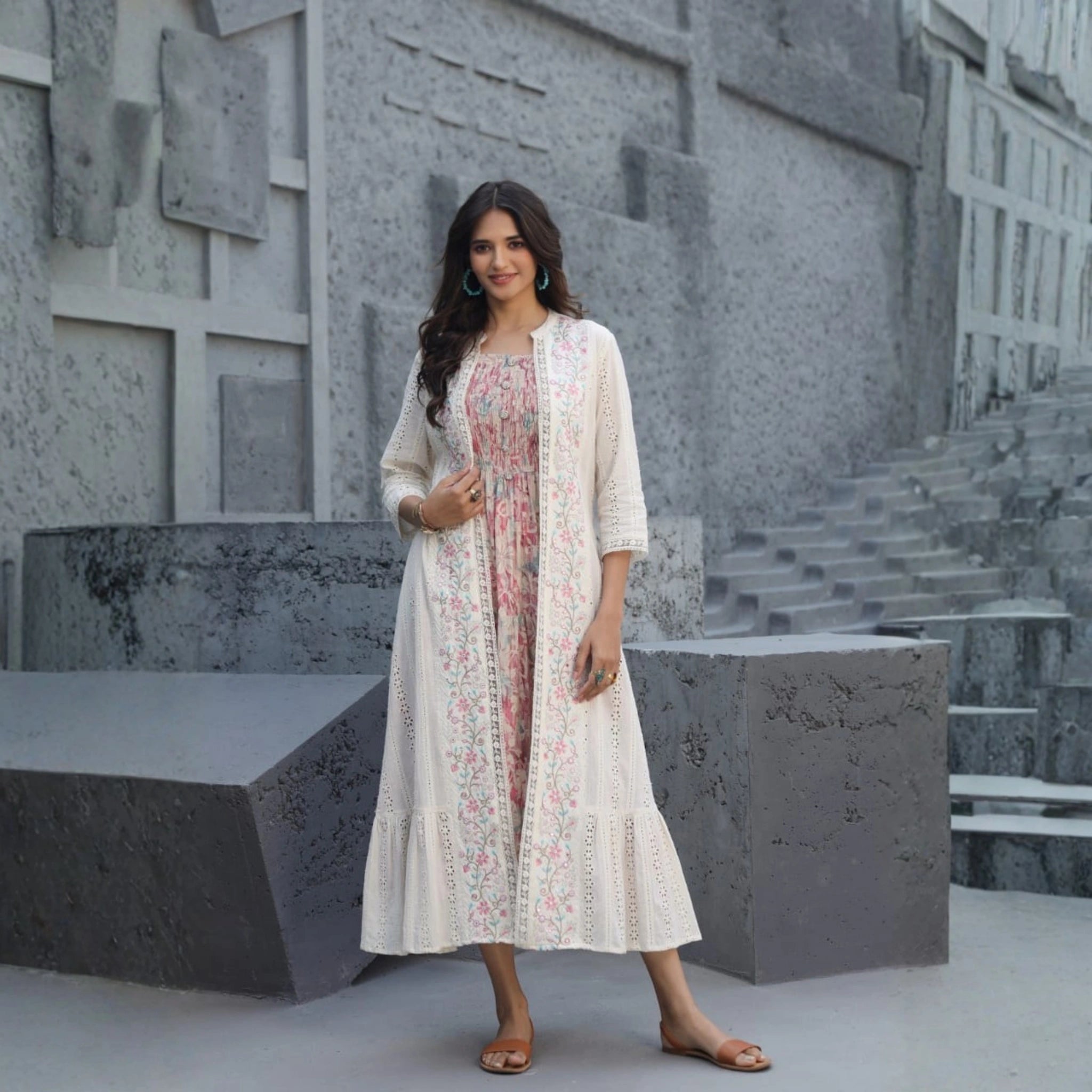 Gorgeous 2-Piece Printed Dress with Schiffli Cape