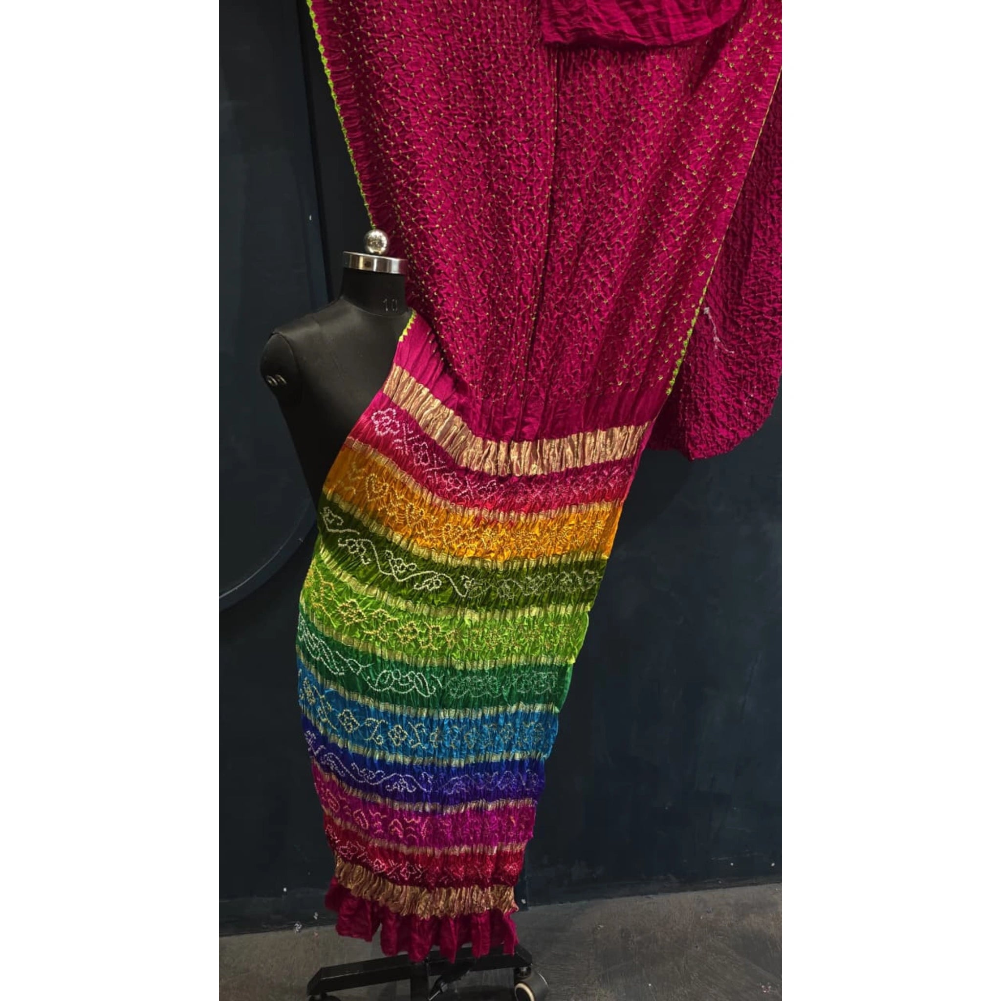 Pure Gaji Silk Bandhej Saree with 10 Patta Multicolor Pallu