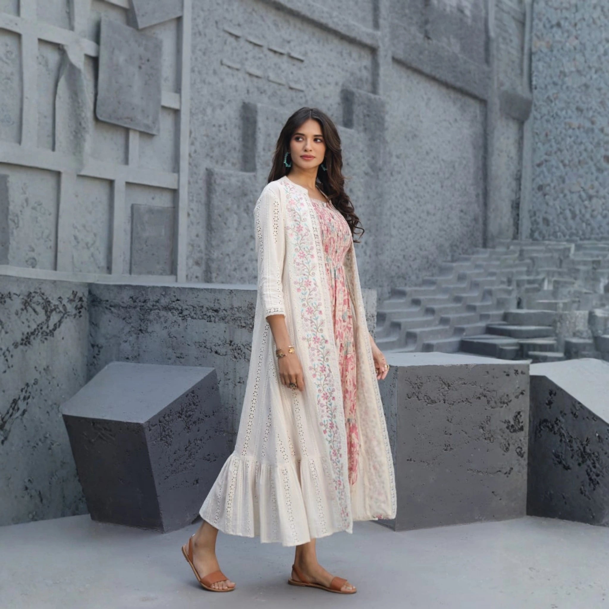 Gorgeous 2-Piece Printed Dress with Schiffli Cape