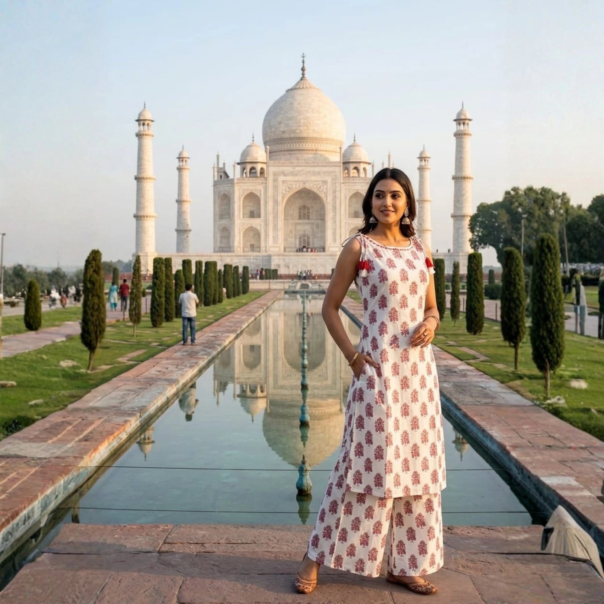 White Cotton Printed Kurta Palazzo Set
