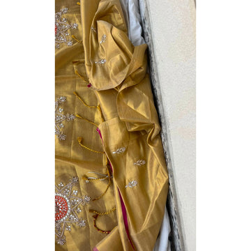 Golden Silk Embroidered Designer Saree with Tassels