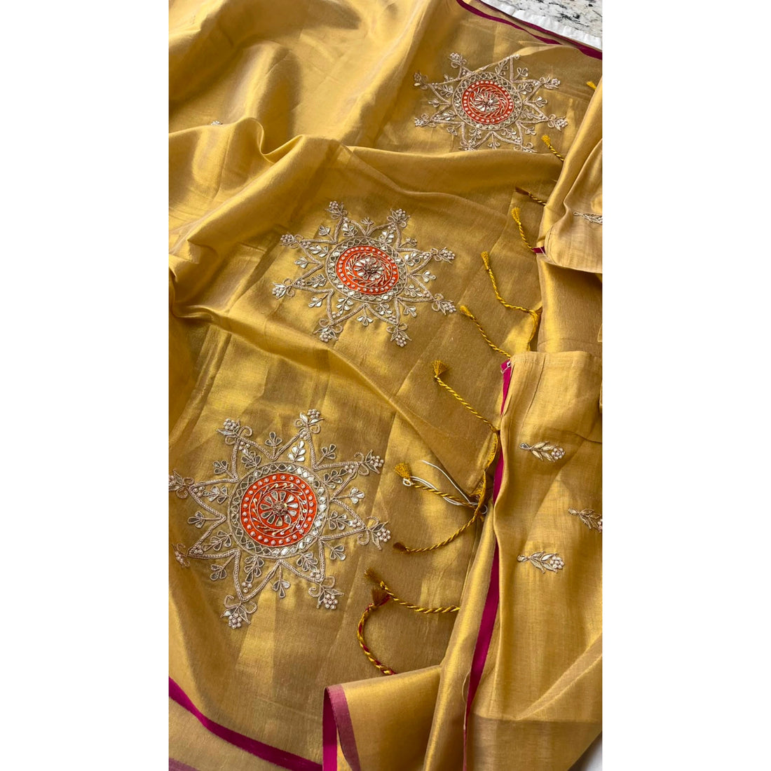 Golden Silk Embroidered Designer Saree with Tassels