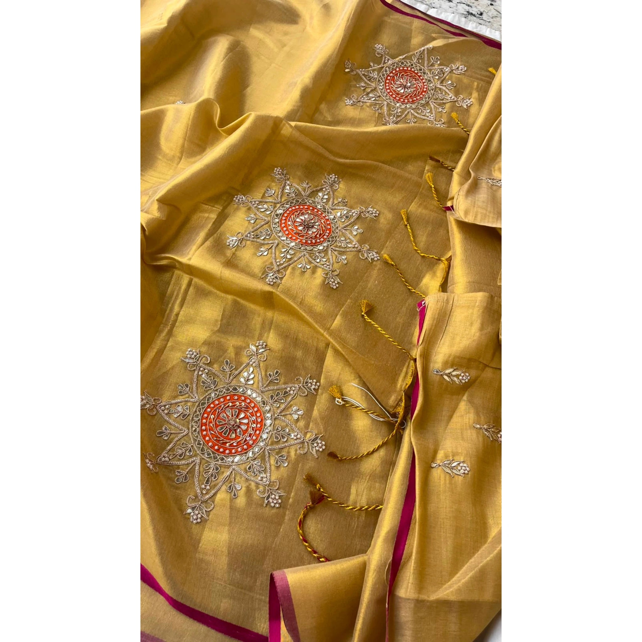 Golden Silk Embroidered Designer Saree with Tassels