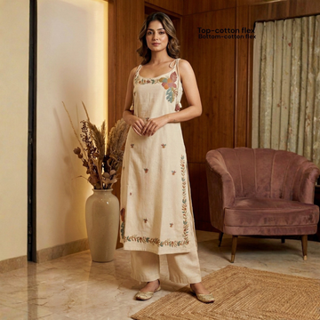 Khadi Cotton Embroidered Kurta Pant Set