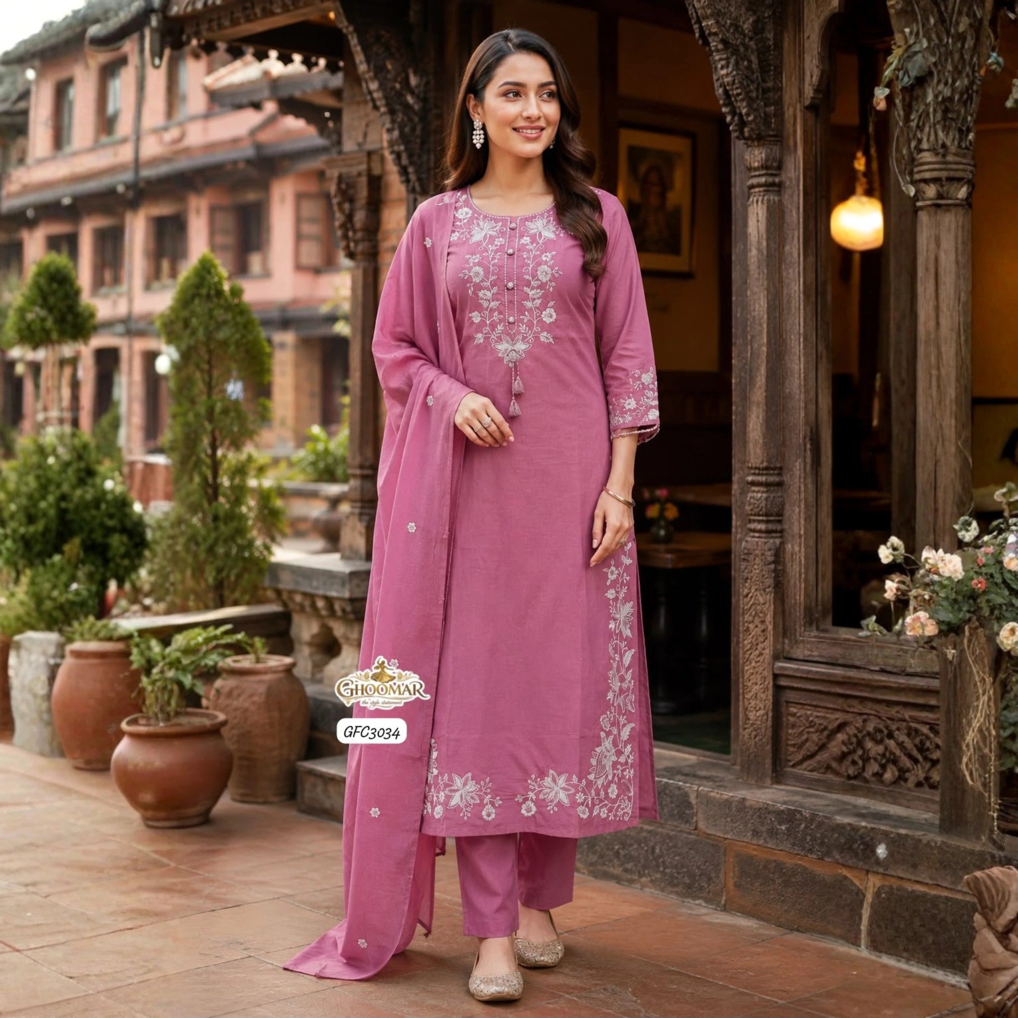 Elegant Pink Cotton Embroidered Suit Set with Dupatta
