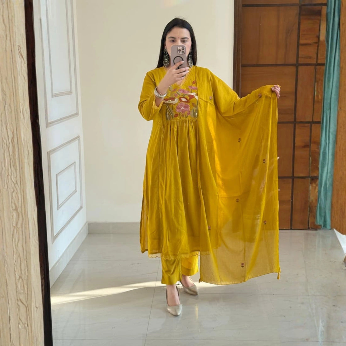 Mustard Yellow Cotton Embroidered Suit Set with Dupatta